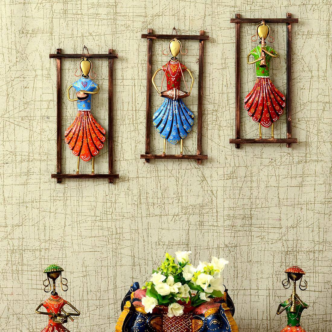 Desert Art Metal Handpainted Lady Musician Wall Hanging Set of 3 in Multicolour - Desert Art
