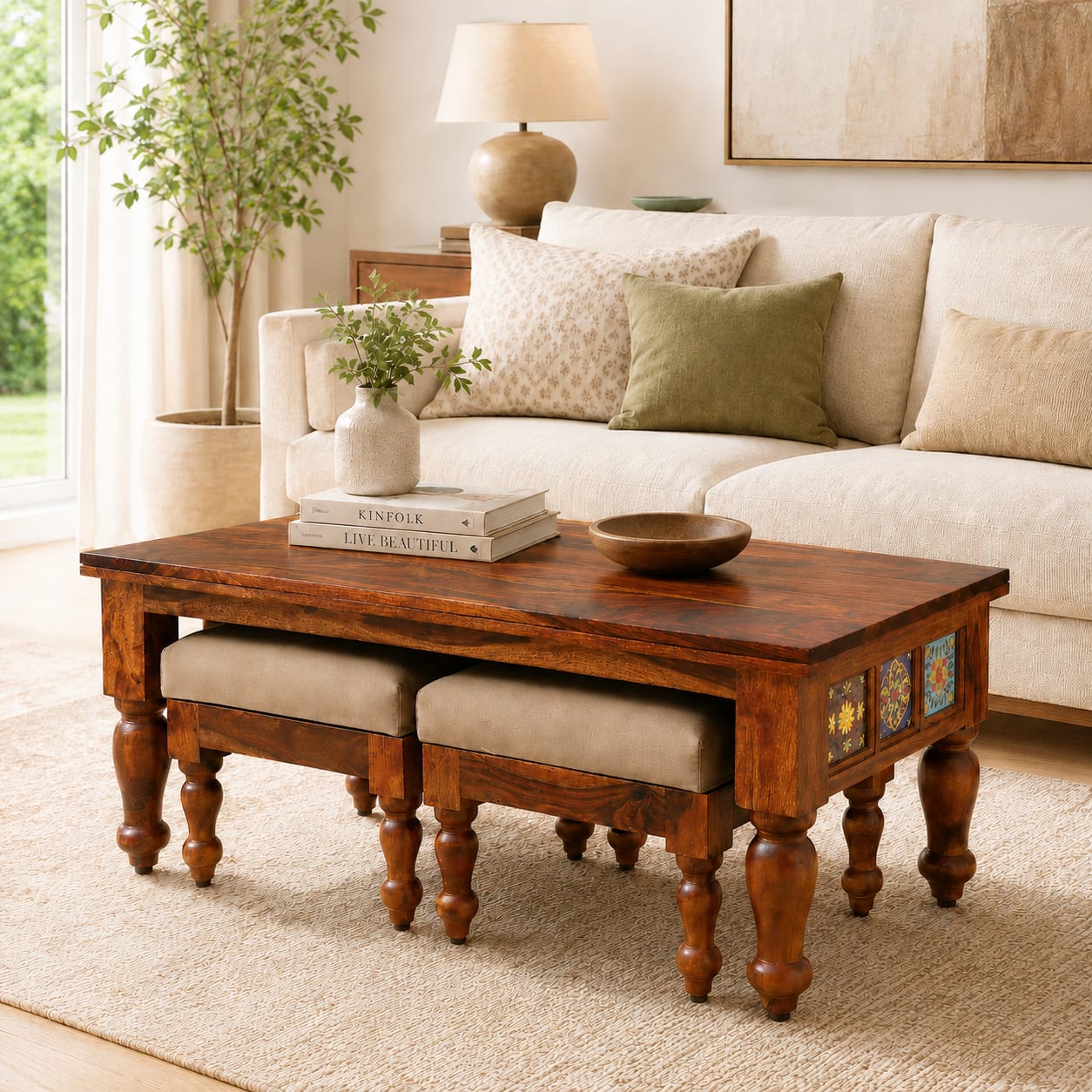 Rangrez Sheesham Wood Nesting Coffee Table in Honey Oak Finish with Cushioned Stools by Mudramark - Woodenmood