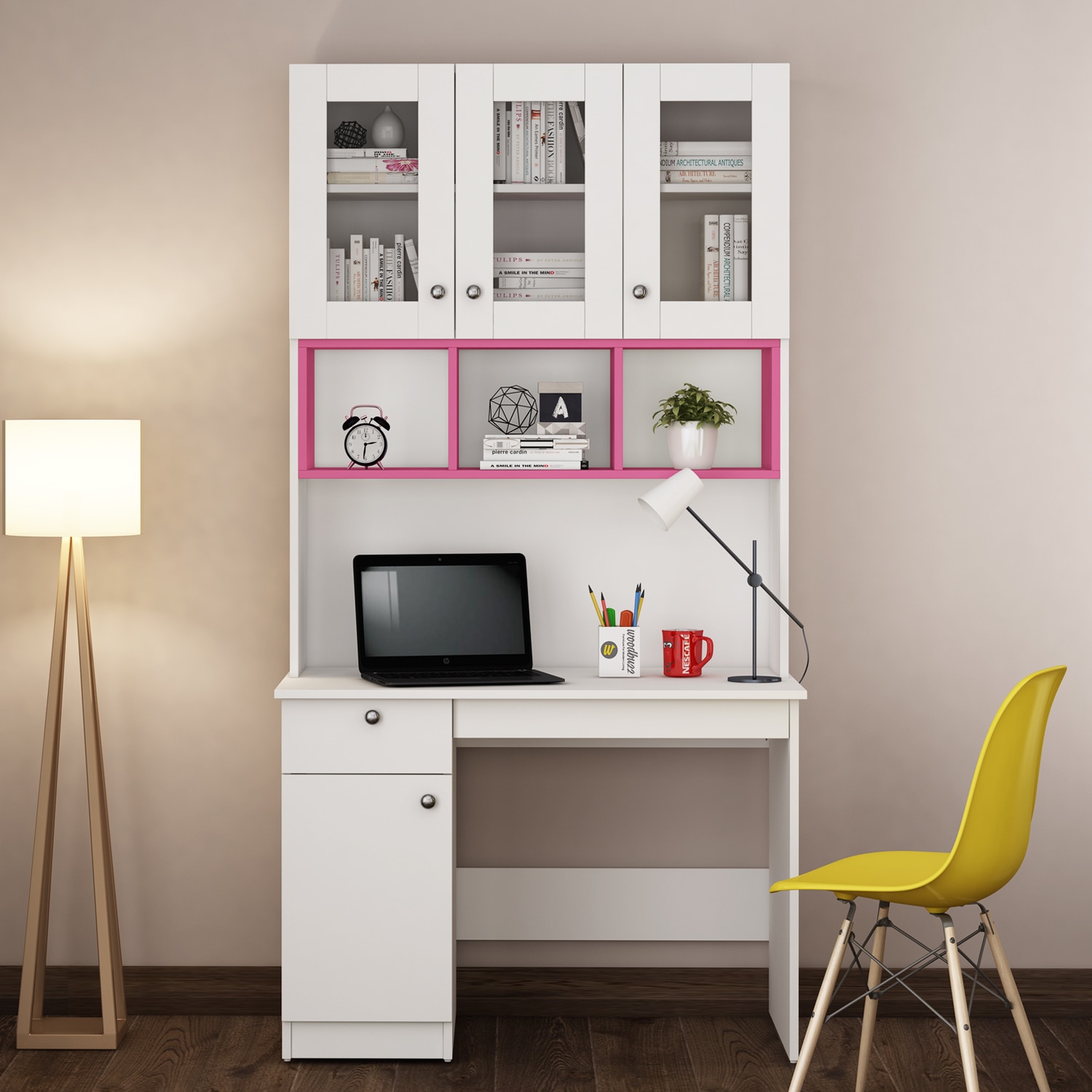 Swotty Study Table With Storage Frosty White And Pink - Woodbuzz