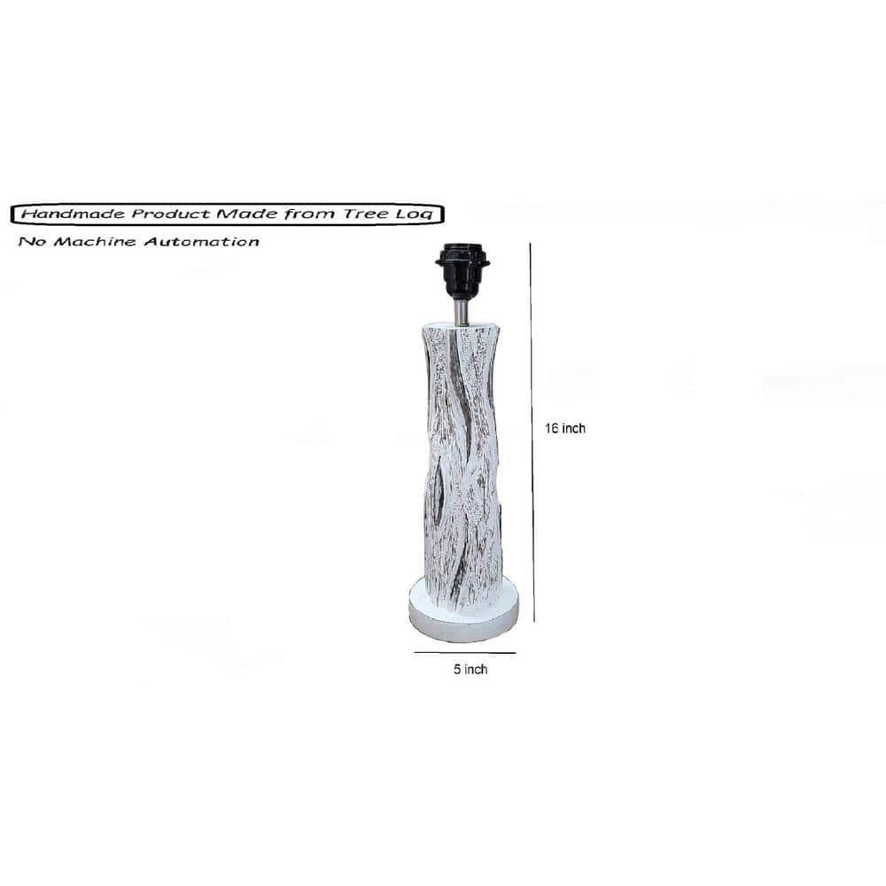 Adams White Handmade Distress wooden Table lamp in Vase design in Rustic Bark finish with Black fabric shade