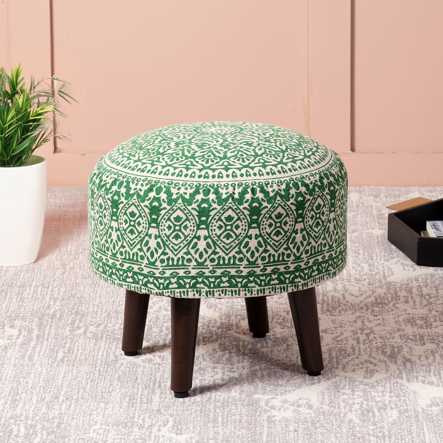 Mandala Fabric Wooden Ottoman in Green Color - Nestroots