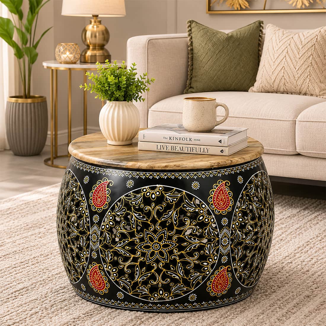 Desert Heritage Round Metal Coffee Table in Multicolour Finish - Bhavya Exports