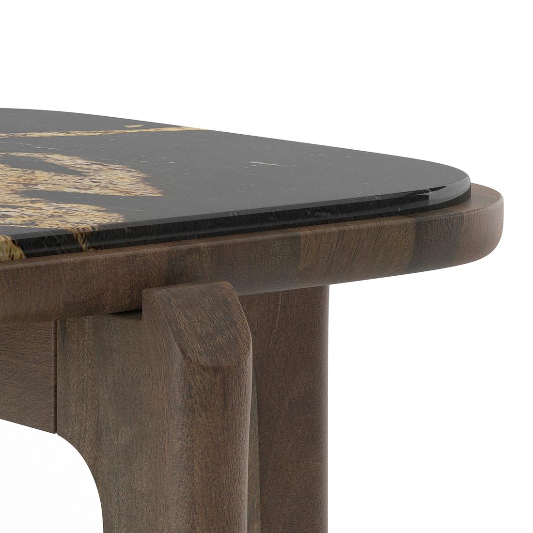 Alba Square Copa Cabana Black Stone and Solid Wood Side Table in Danish Walnut Finish