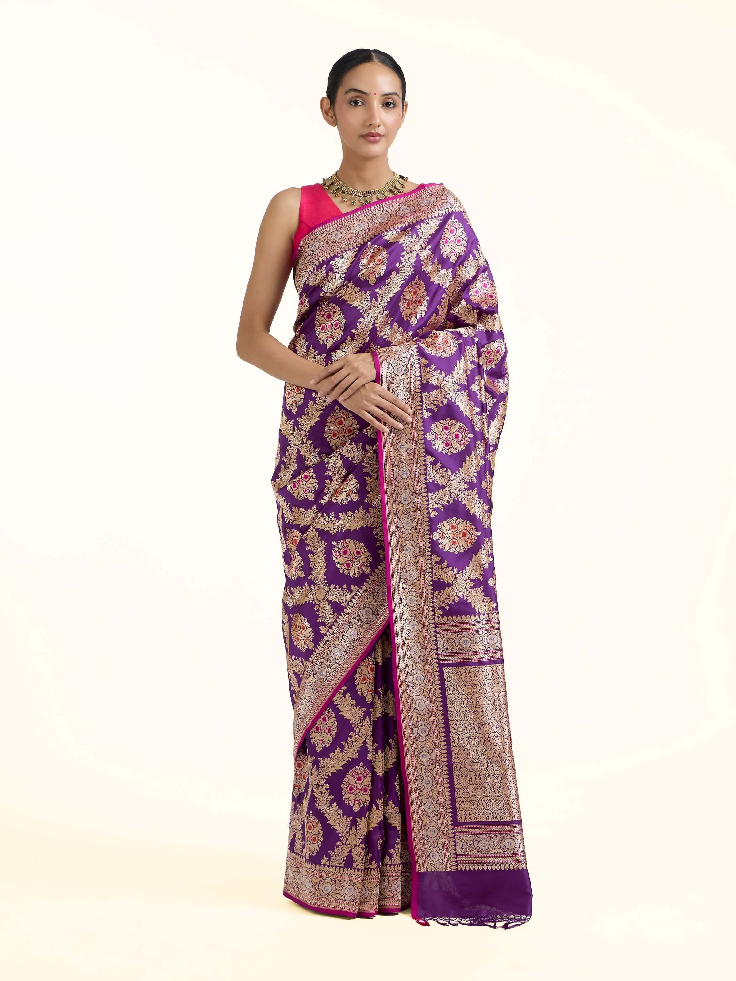 Front view of the Purple Banarasi Kadhwa Silk Saree