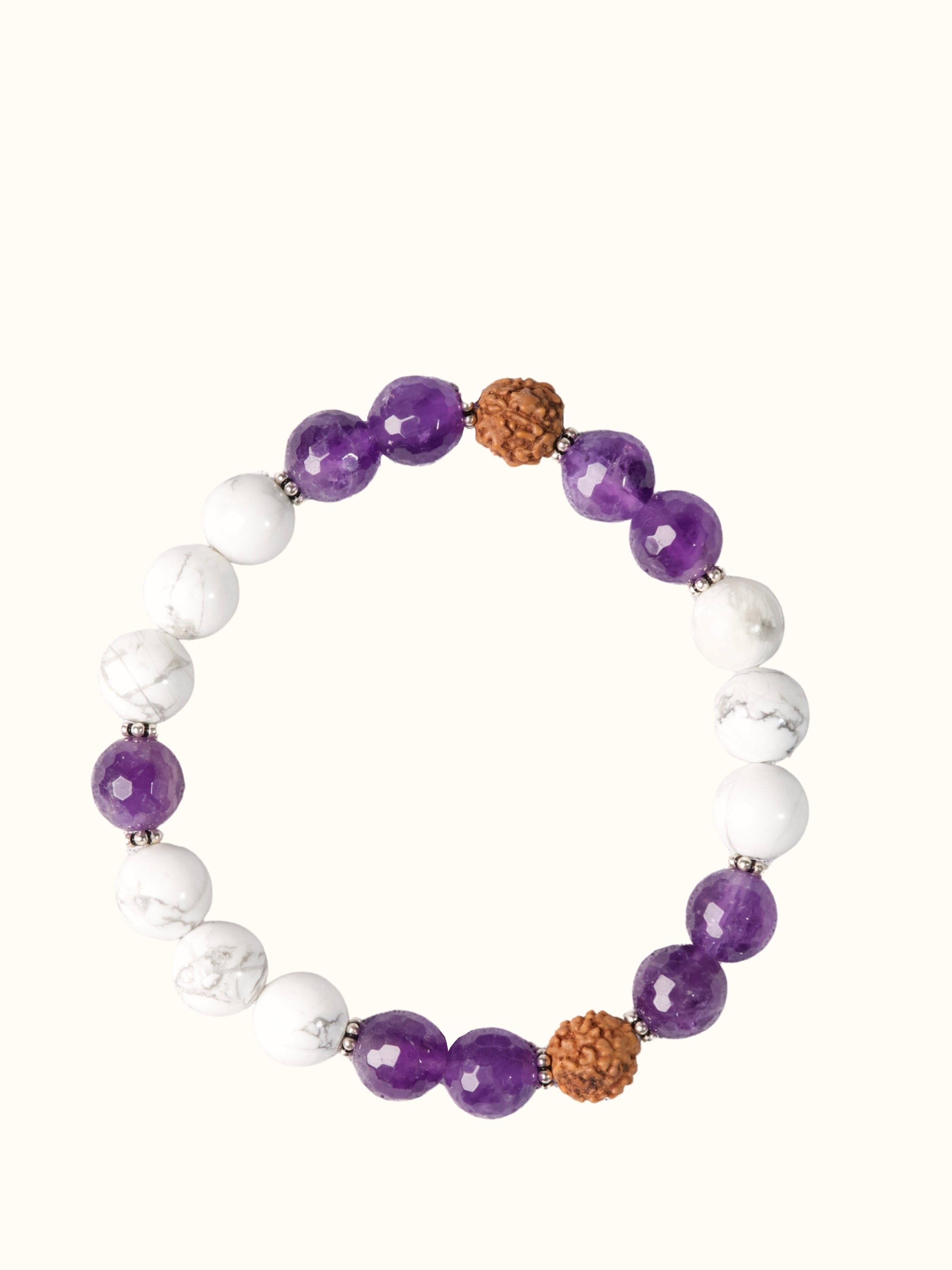 Gemstone Rudraksha, Amethyst & Howlite Silver Bracelet