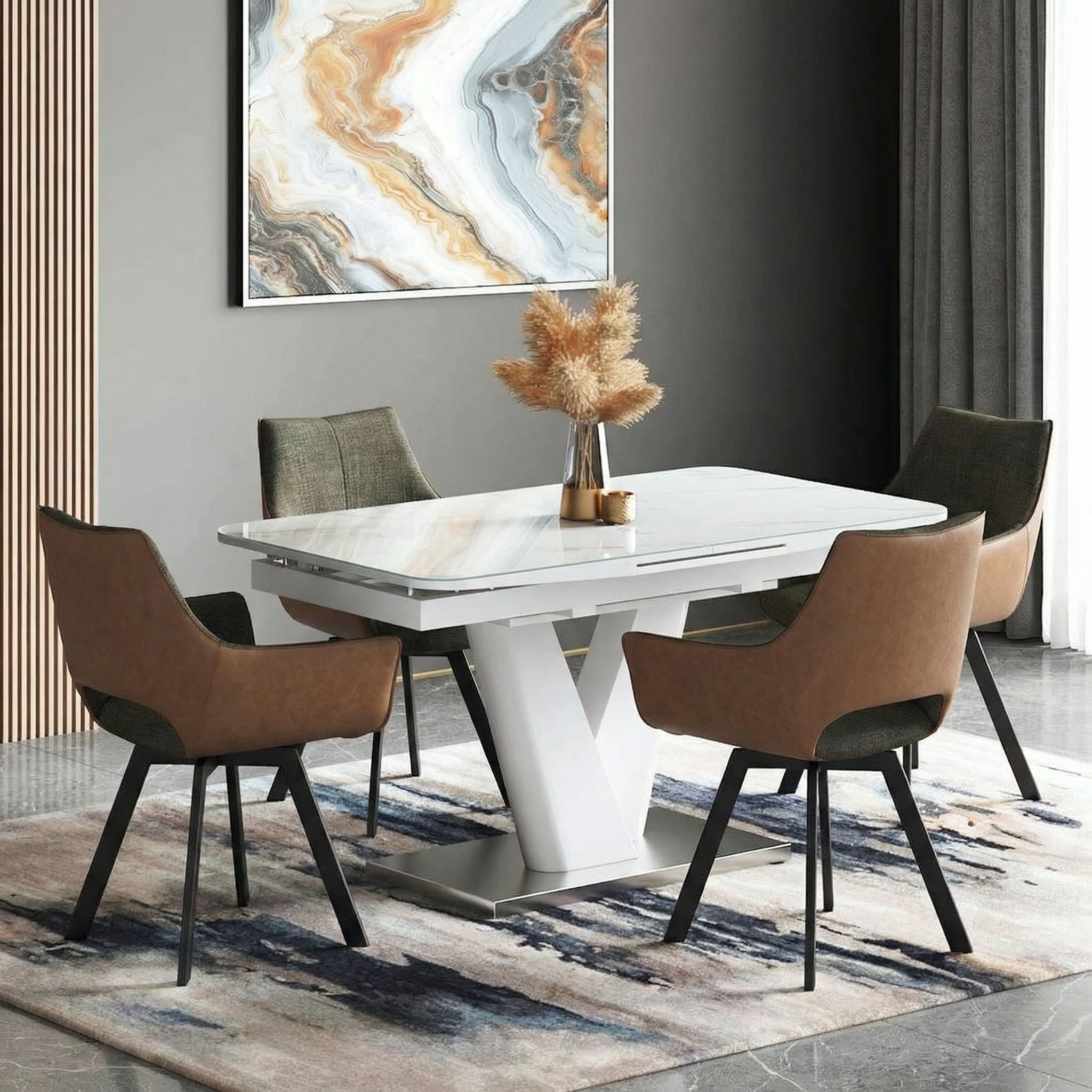 Caribu 4 To 6 Extendable Dining Table With 4 Casey Swivel Dining Chairs In Dual Tone (Finish : White Marble, Chair Colour : Dual Tone)