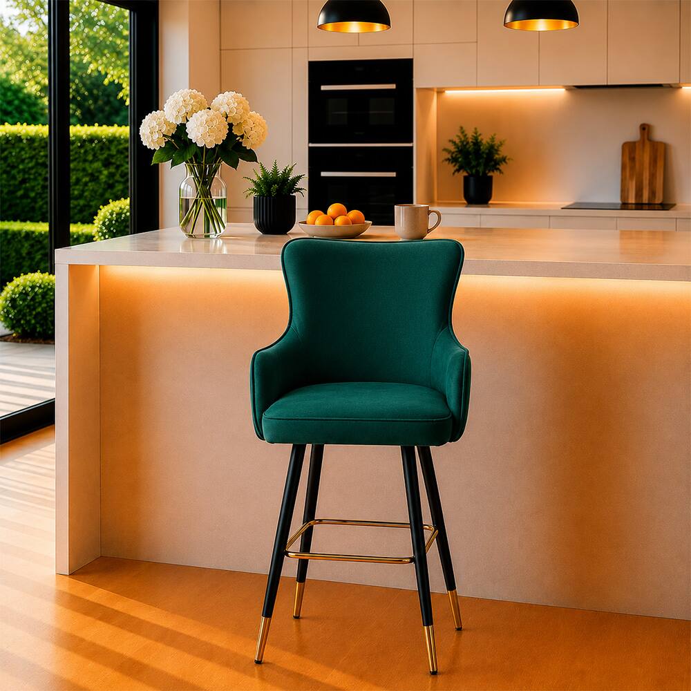 Doe Buck Nolen Upholstered Bar Stool in Green Colour with Gold Tip Legs - Doe Buck