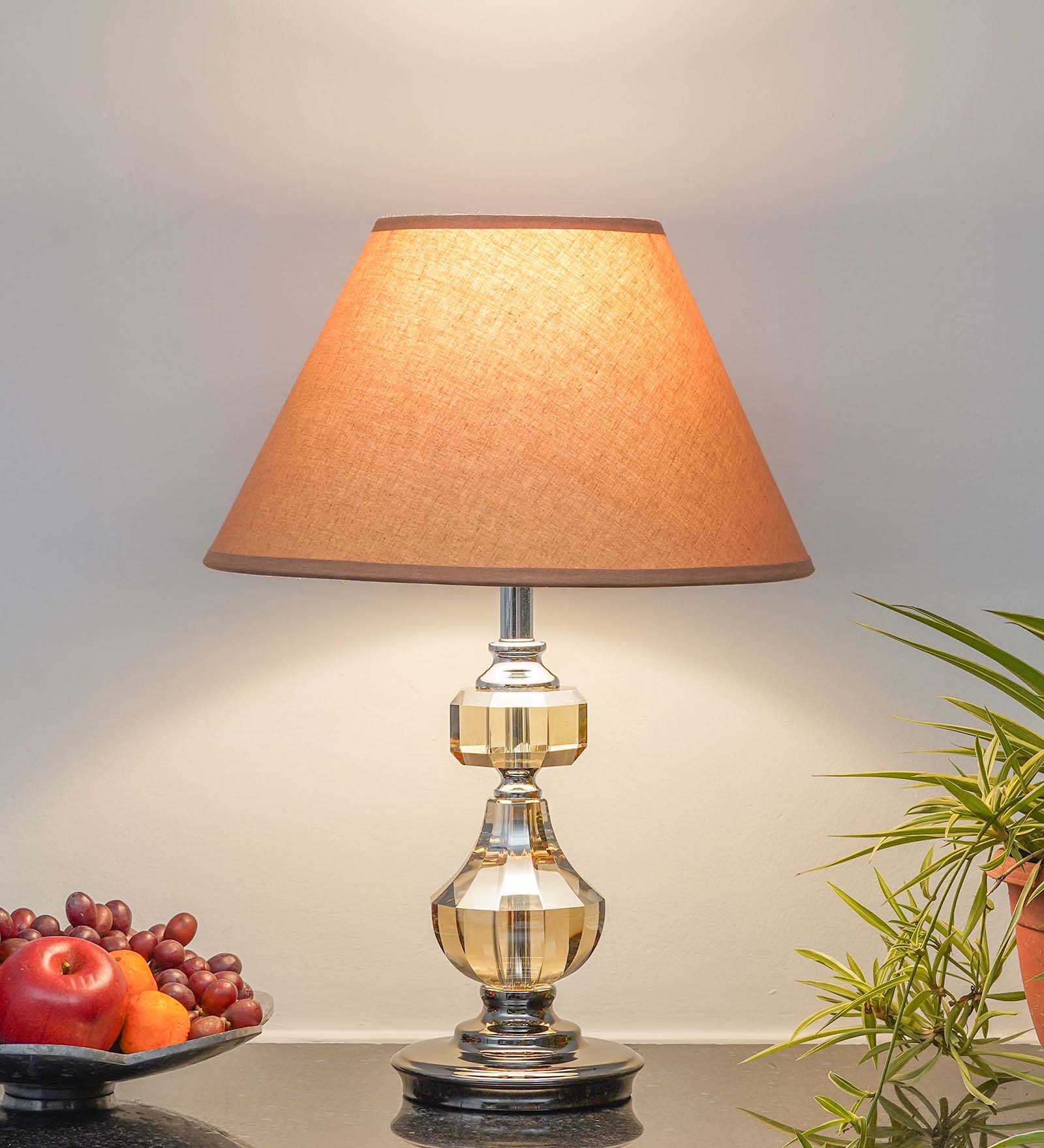 Bompton Nickel Finish Metal And Smoke Crystal Table Lamp With Beige Cotton Shade - Kapoor Lamp Shades
