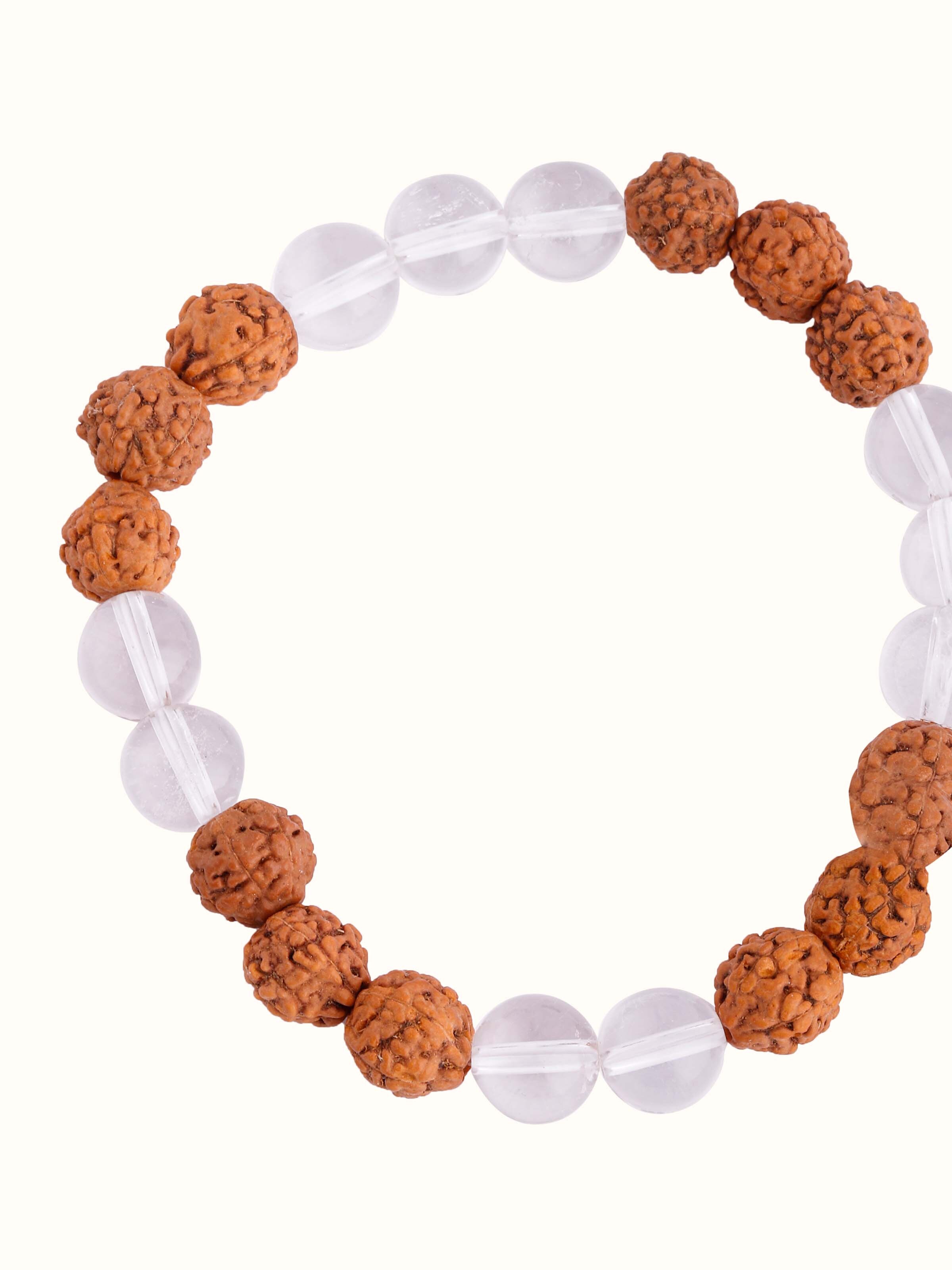 Top view showing full Rudraksha & Sphatik bracelet design and bead texture