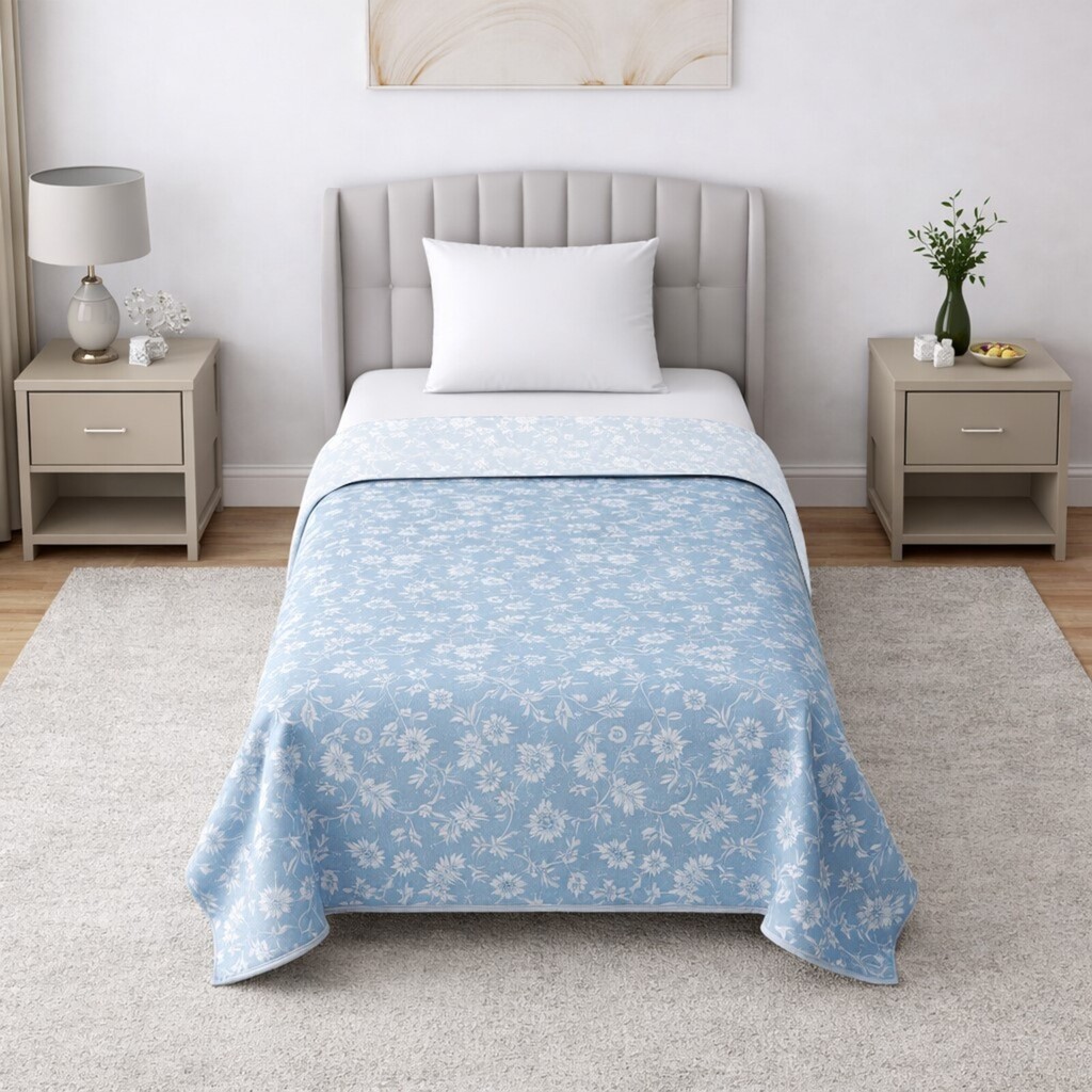 Lila White & Blue Floral Cotton Dohar Set Of 2 Reversible Single Bed 350 Tc Size 240 X 160 Cms - Threads