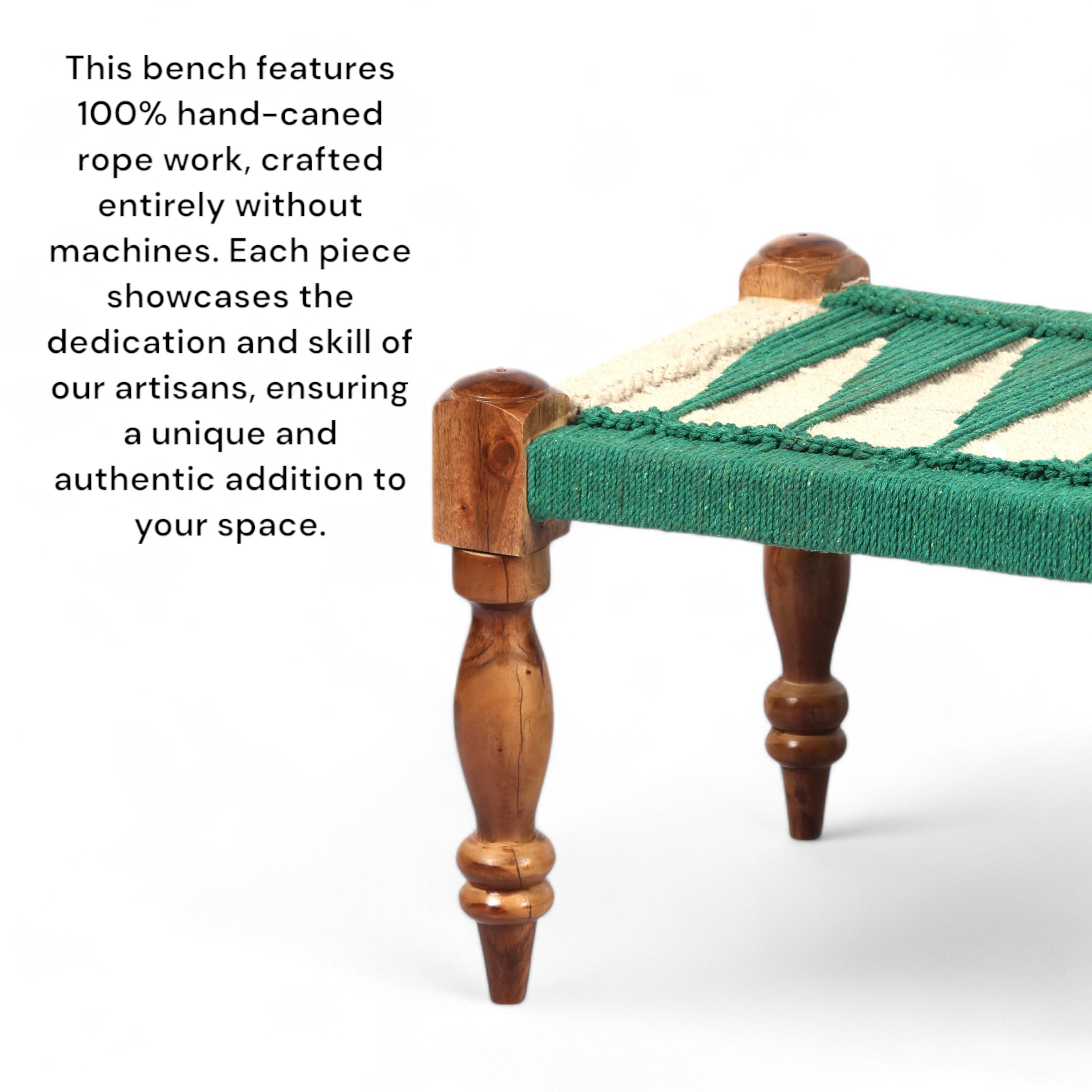 Hamilton Sheesham Wood Maachi Bench Set With 2 Stools In Green & White Rope Canning