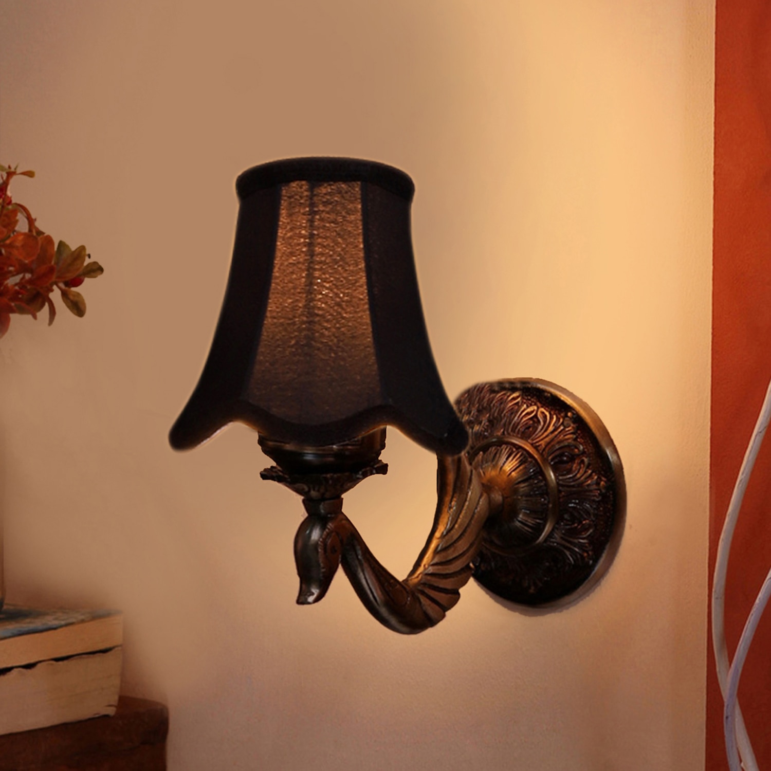 Devansh Gold Antique Wall Mounted Lamp With Black  Cotton Shade