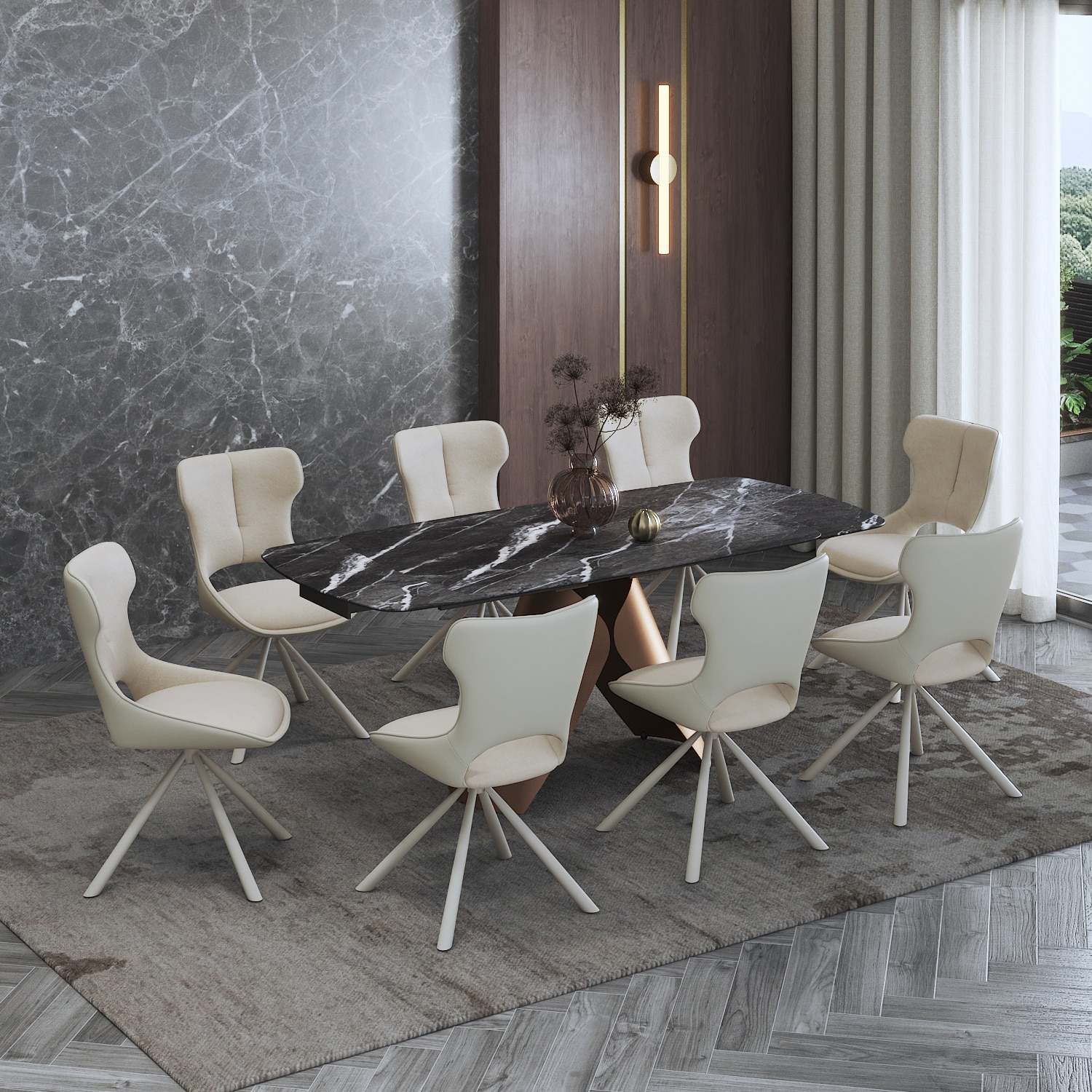 Aeris Ceramic 6 To 8 Seater Extendable Dining Table With 6 Tulip Dining Chairs (Finish : Black Jade, Chair Colour : Cream)