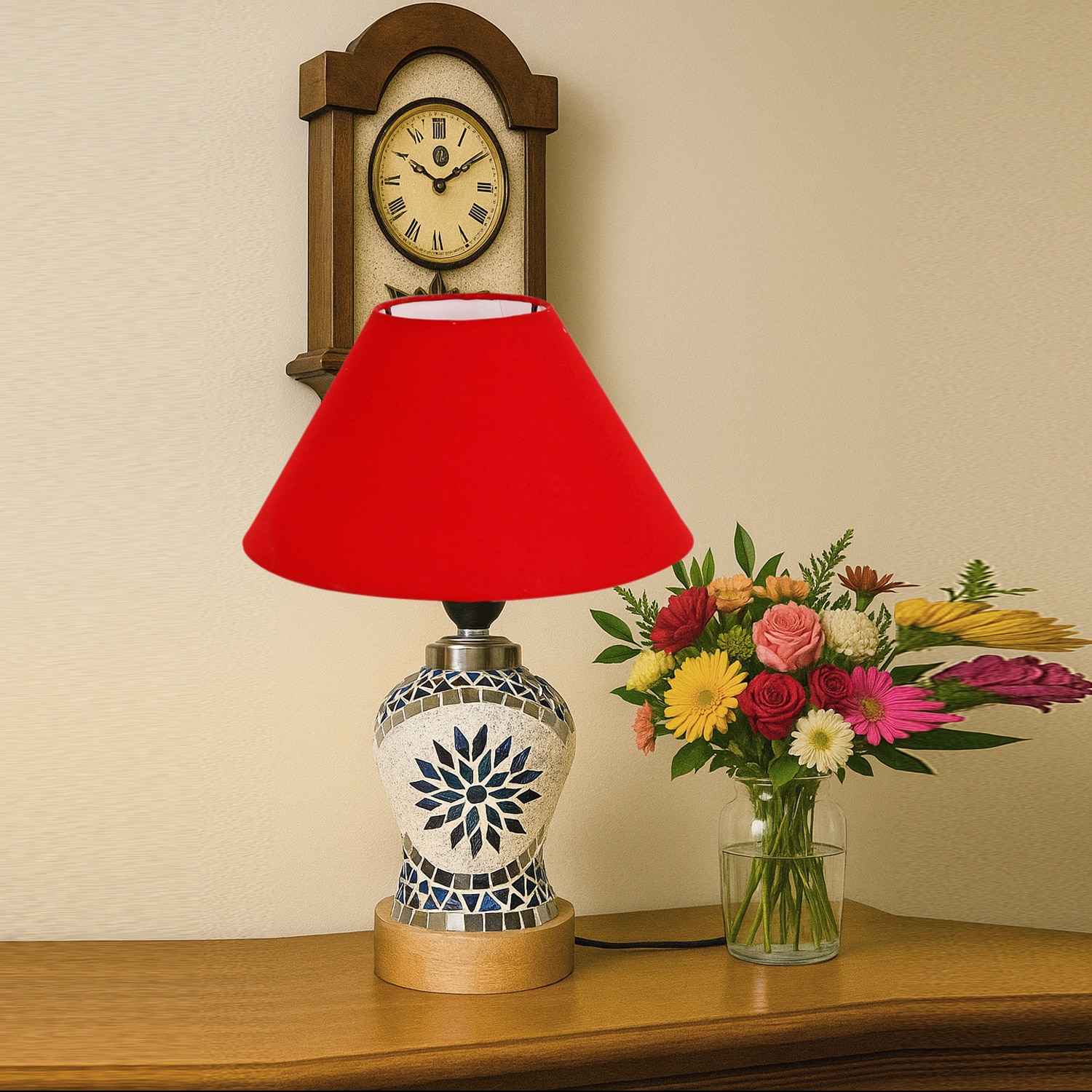 Devansh Conical Red Cotton Shade Lamp With Wood & Mosaic Glass Base For Decoration/Office/Home/Gifting/Study For Decoration/Office/Home/Gifting/Study -(10X10X14.5) Inches -A