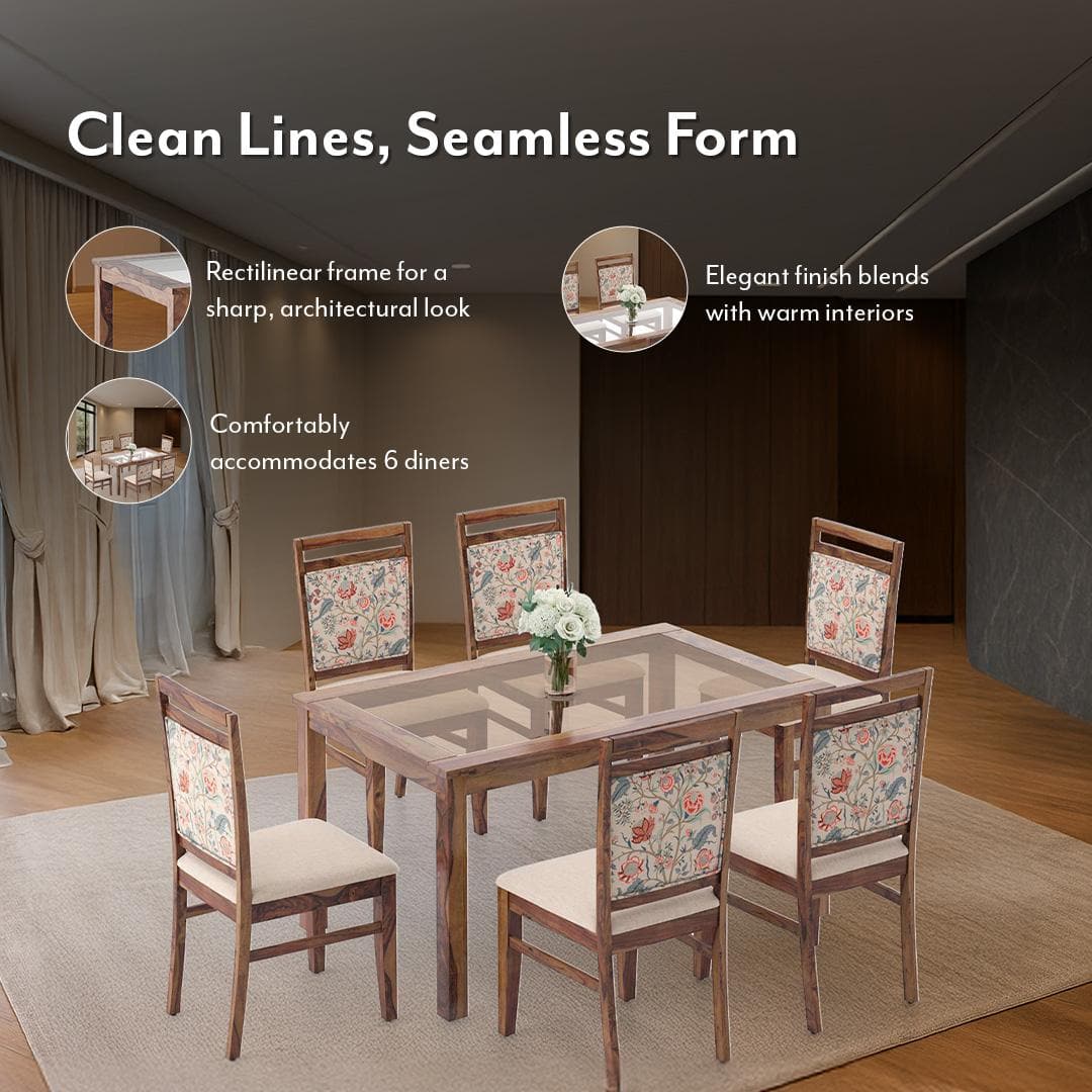 Floyd 6 Seater Solid Wood Dining Table With Glass In Teak Finish