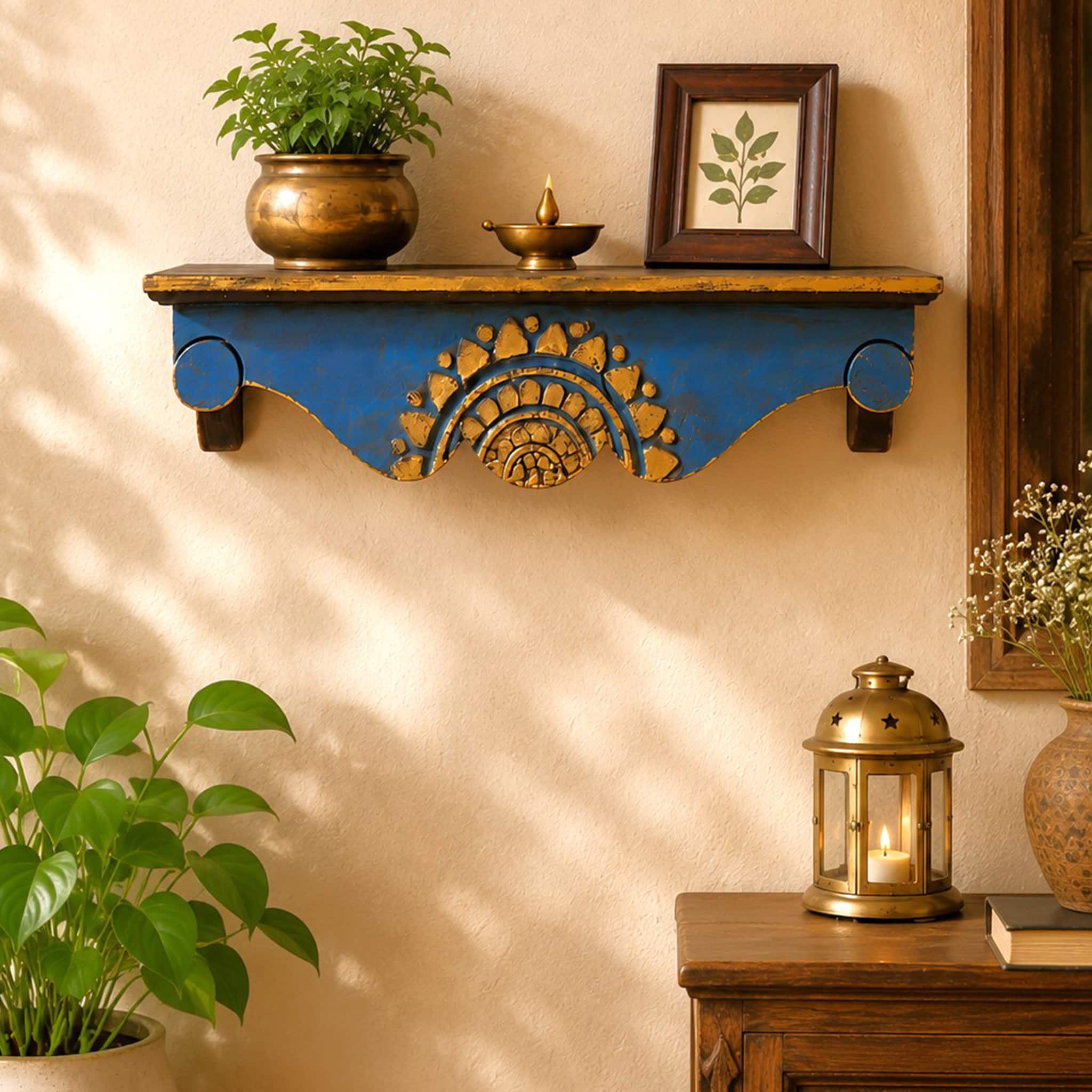 Multishade Colour Solid Wood Handcarved Saranga Floating Wall Shelf with distres finish by DisooFashions - Disoo Fashions