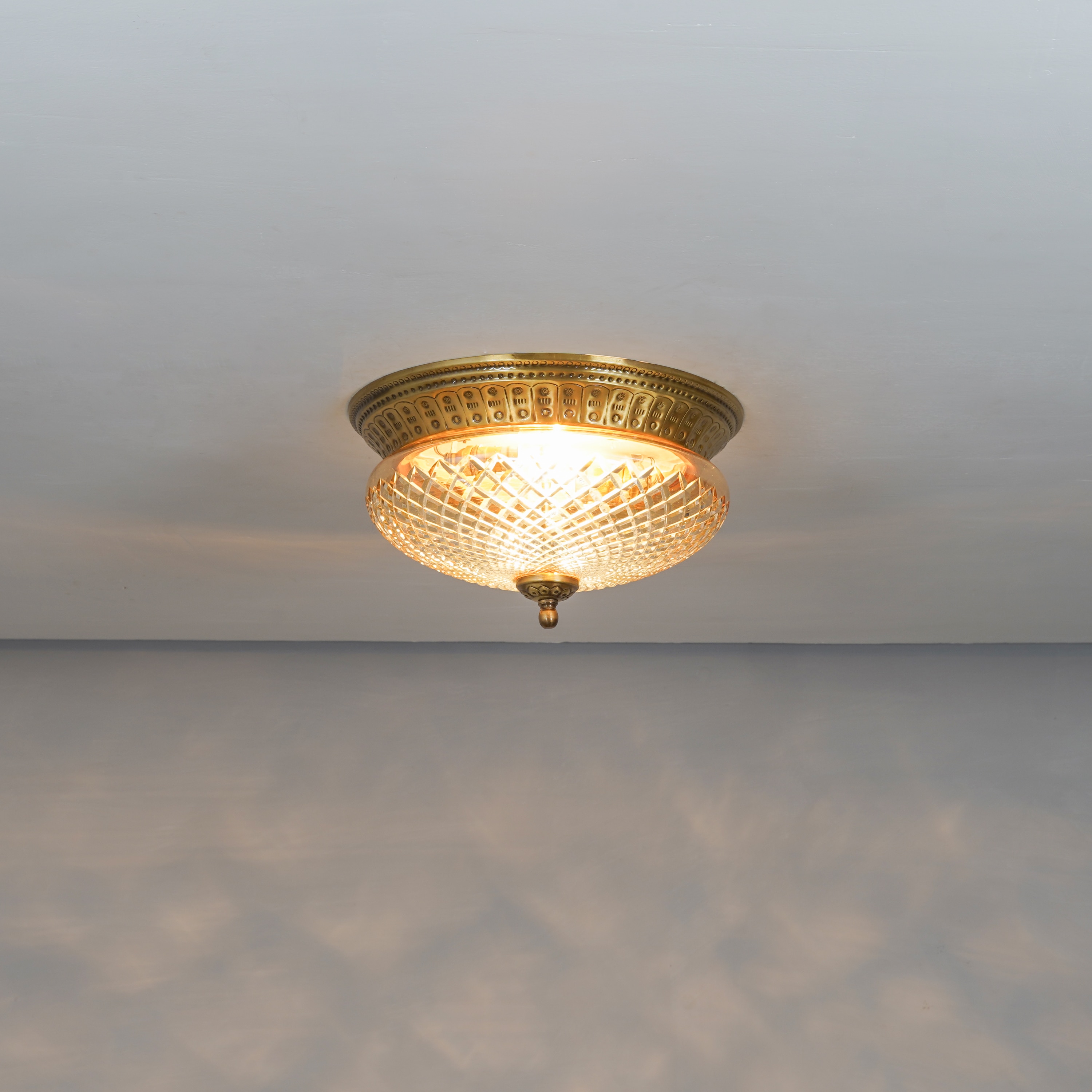 Cameron 2-Light Flush Mount Ceiling Light In Brass Finish With Amber Diamond Cut Glass