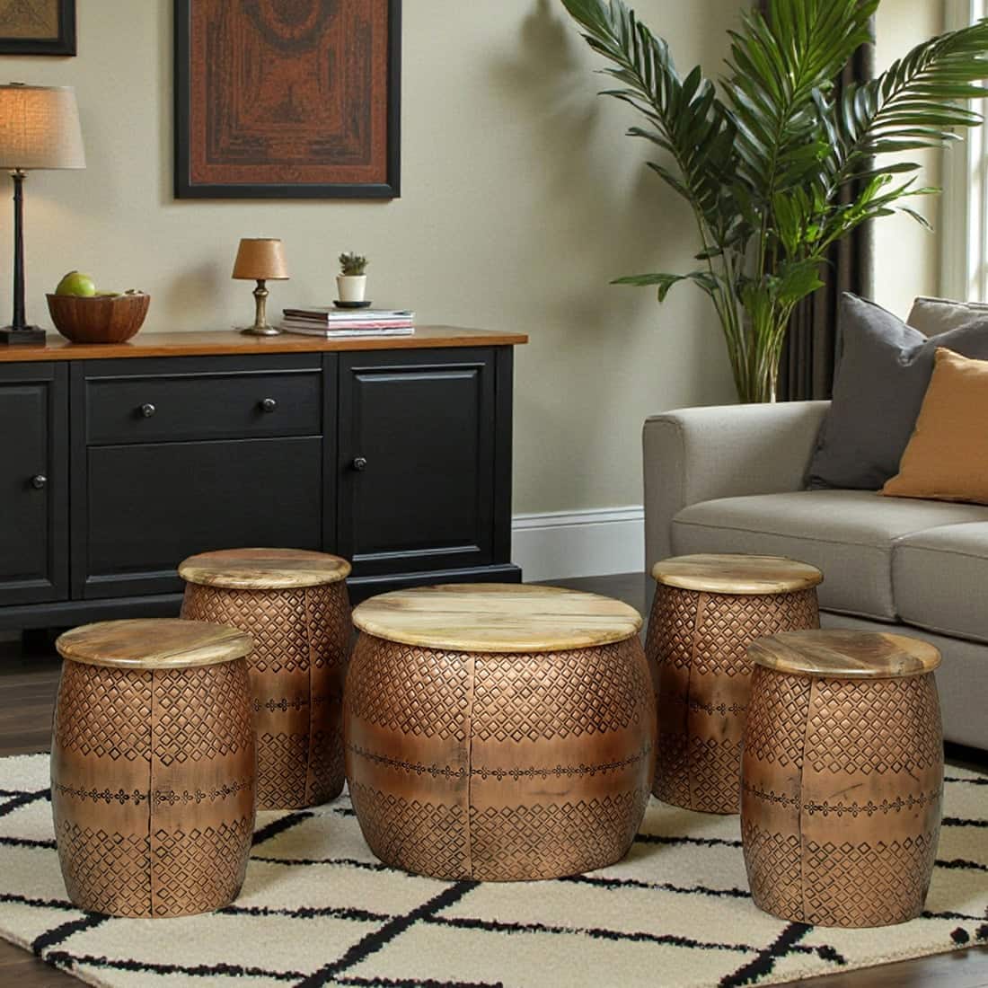Mosaic Metal Coffee Table with 4 Nesting Stools Set of 5 - Bhavya Exports