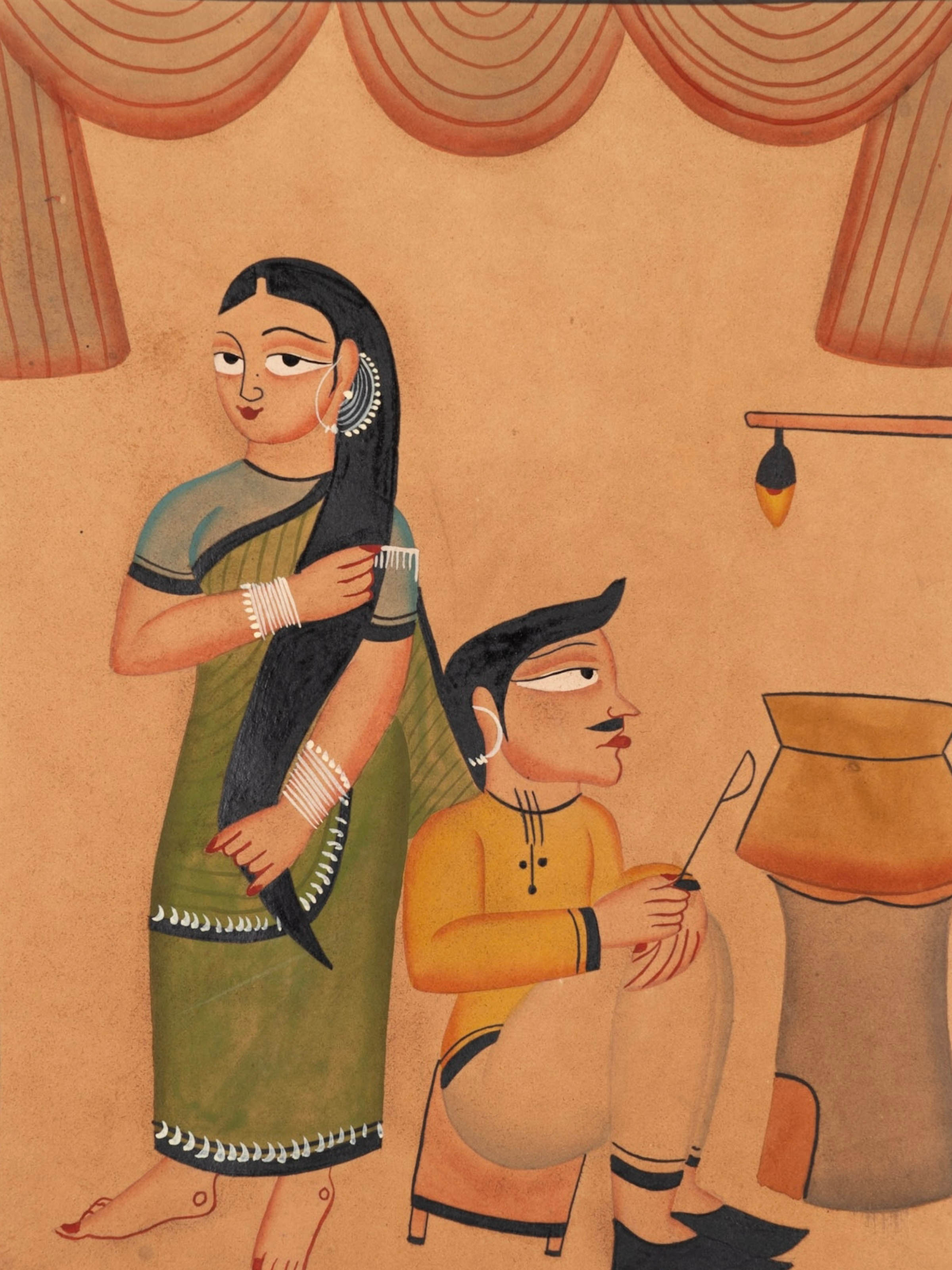 Detail shot of kalighat romance husband wife painting showing hand painted details
