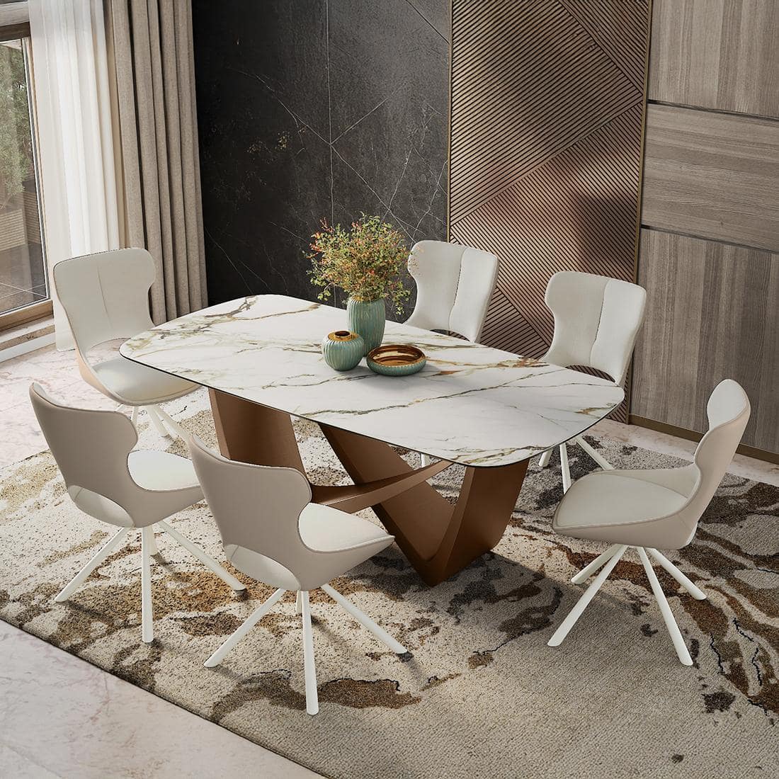 Paloma 6 Seater Pluto Spanish Ceramic Dining Table With Tulip Dining Chairs