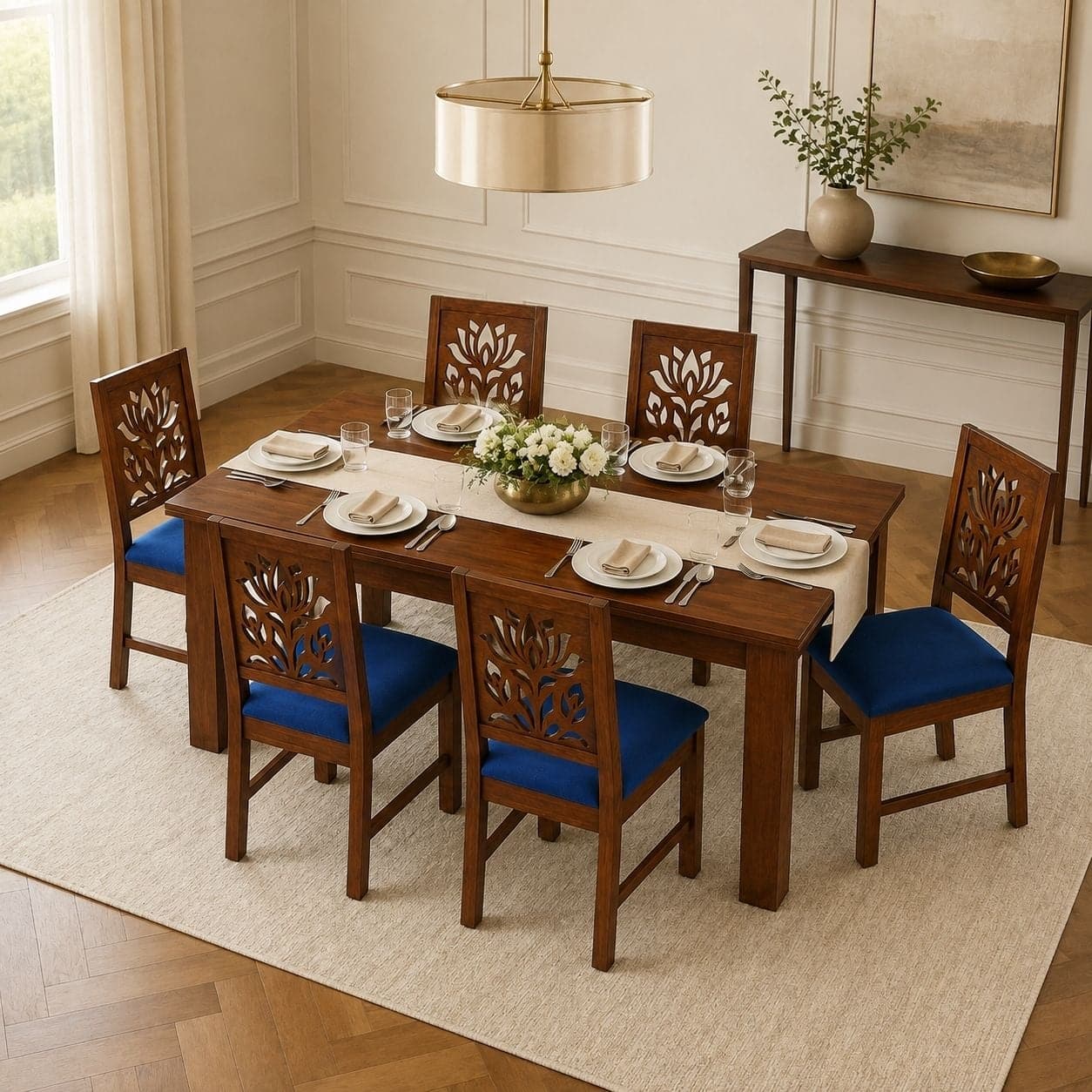Globally Indian Vayuna Solid Sheesham Wood 6 Seater Dining Table Set 6 Chairs Navy Blue