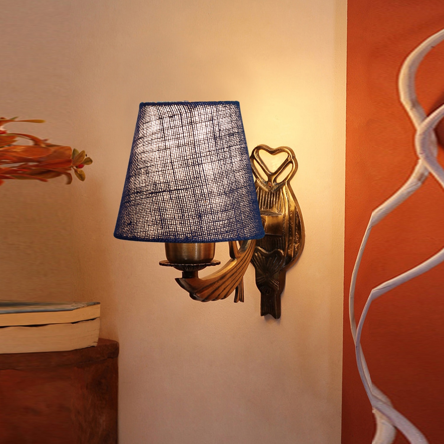Devansh Metal Electric Wall Light in Antique Gold Colour with Blue Shade Count of 1 Light - Devansh