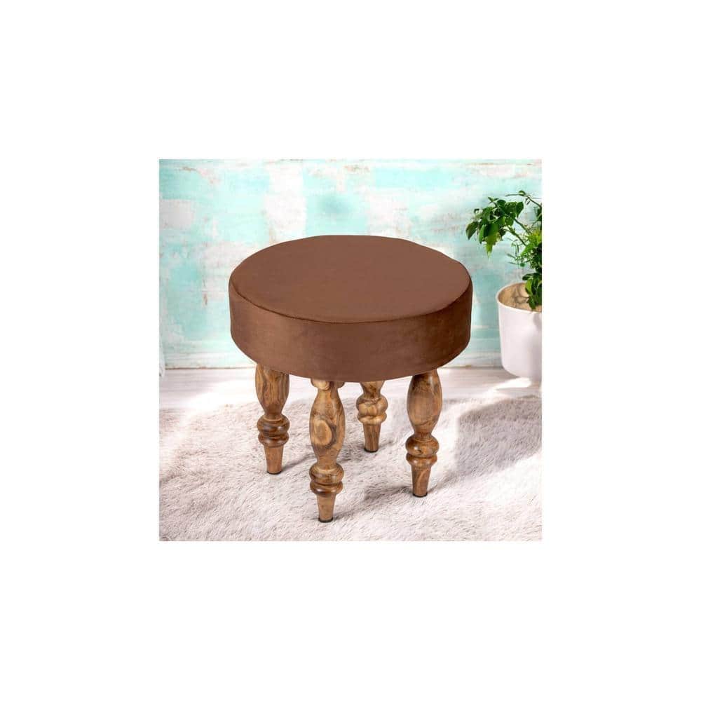 Roswell Sheesham Wood   Round Set of 2 Stools in Taupe Brown Velvet Upholstery