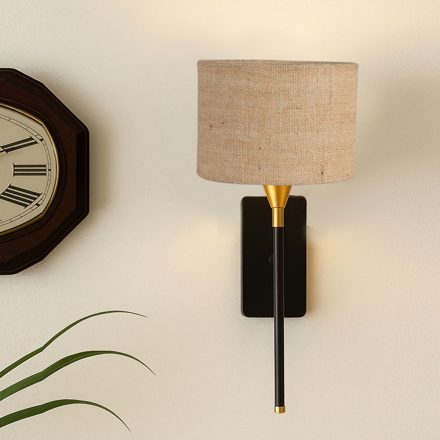 Devansh Metal Electric Wall Light in Black Colour with Beige Shade Count of 1 Light