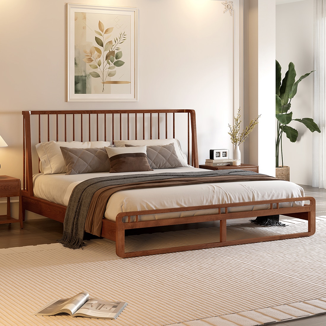 Calista Solid Wood Queen Size Non Storage Bed in Coffee Oak Brown