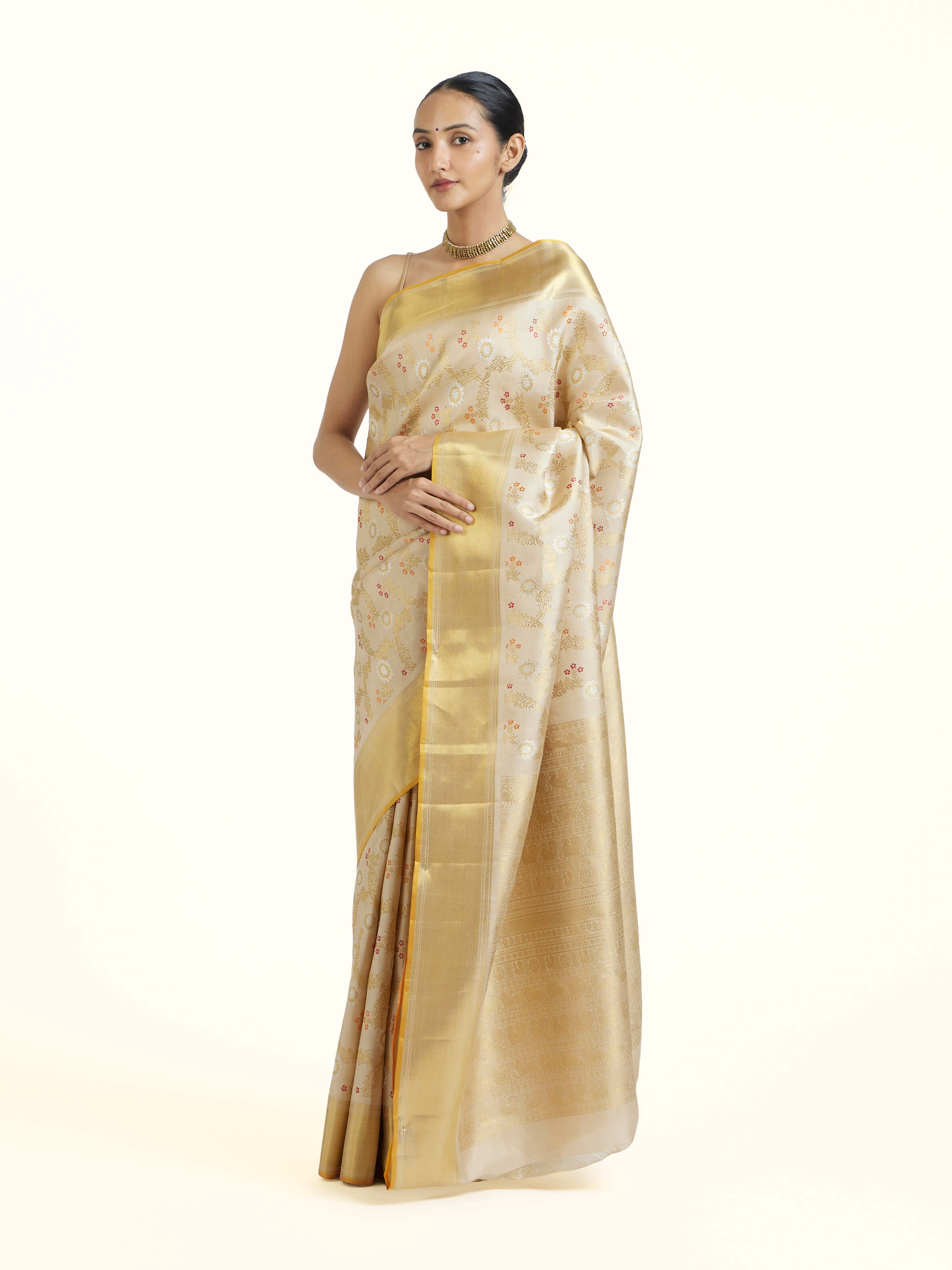 Beige Kancheepuram Silk Zari Saree