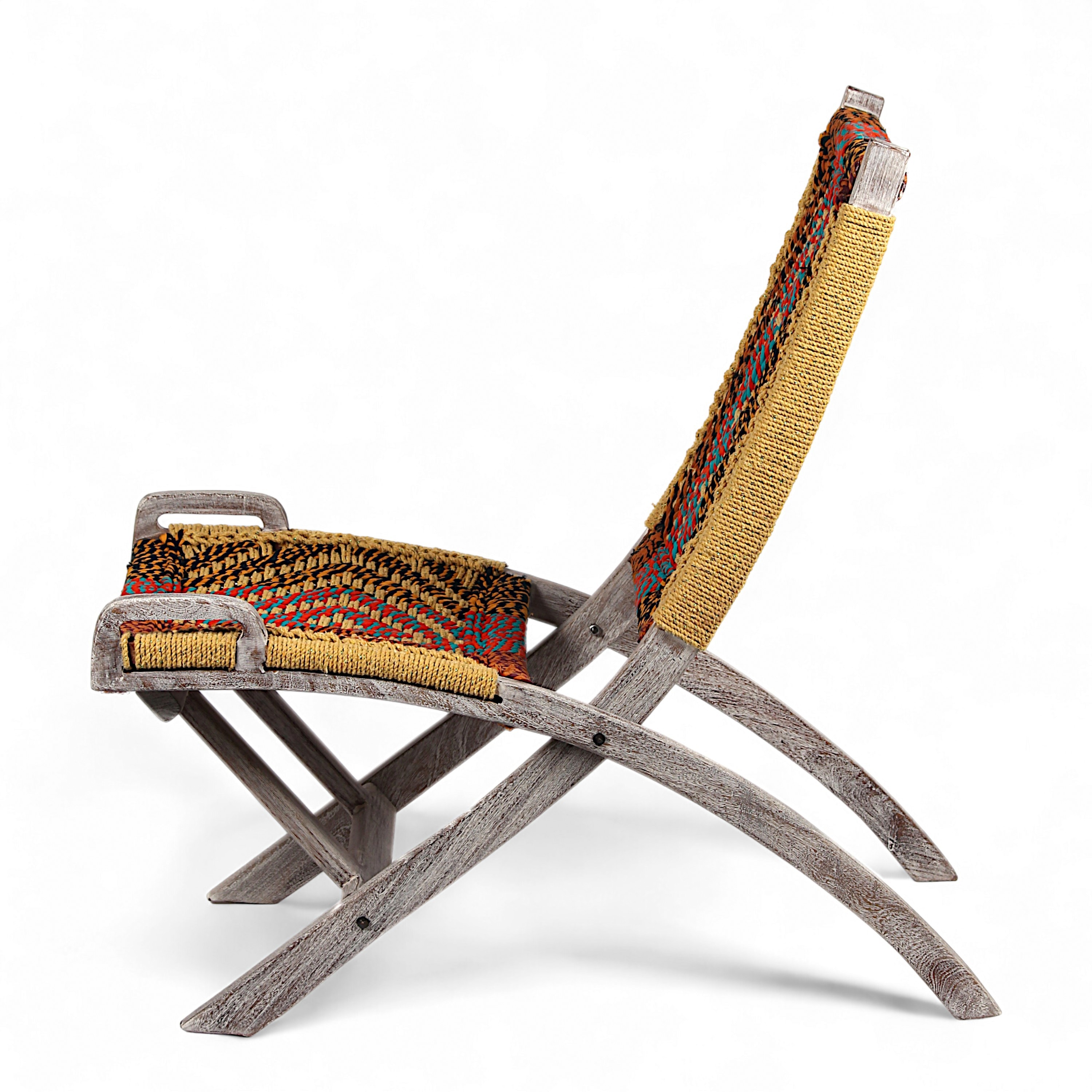 NatWest Sheesham Wood Relaxing Lounge Chair in Assorted Multi-Colour Chindi & Yellow Rope Canning