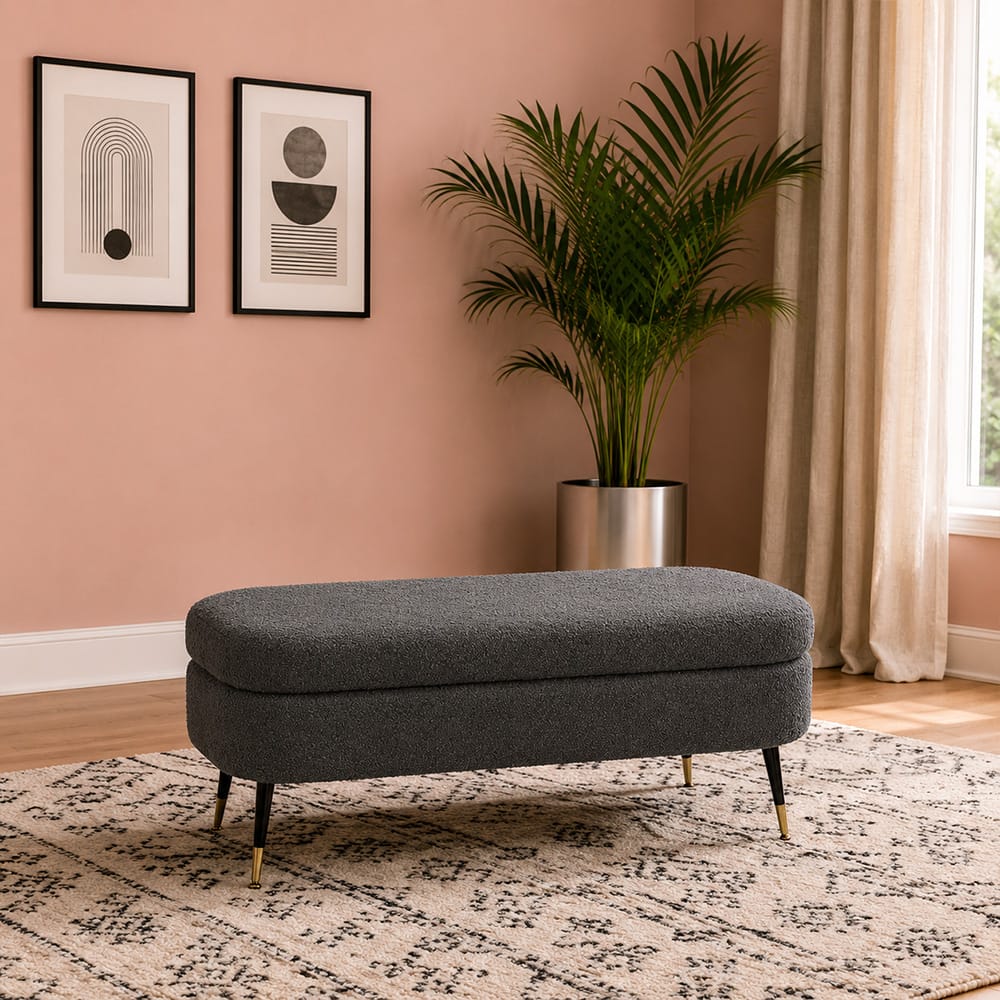 Doe Buck Luxury Boucle Storage Bench in Grey Colour with Gold Tipped Legs - Doe Buck