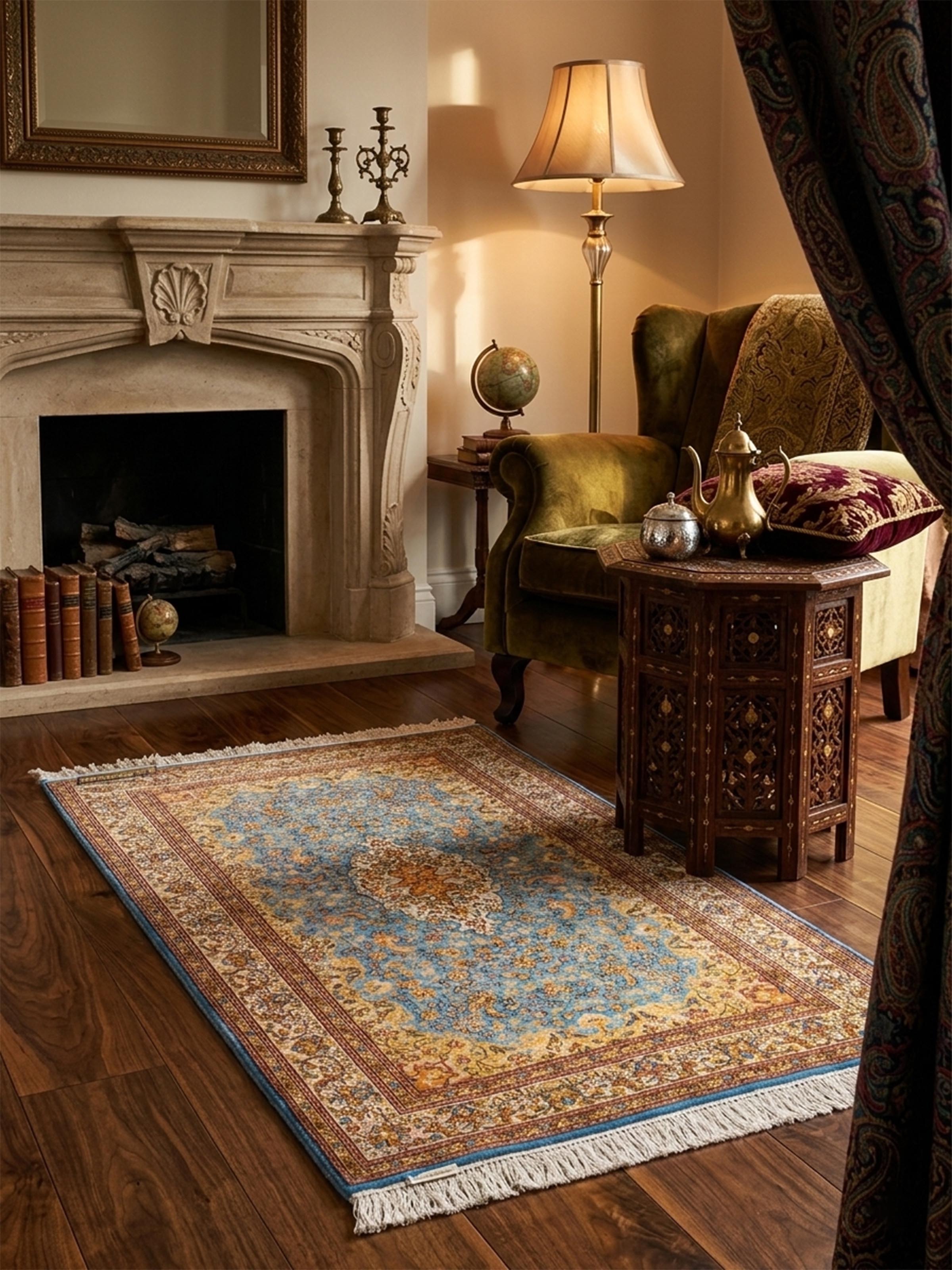 Traditional Persian Blue Tabriz Kashmir Silk Hand-Knotted Carpet