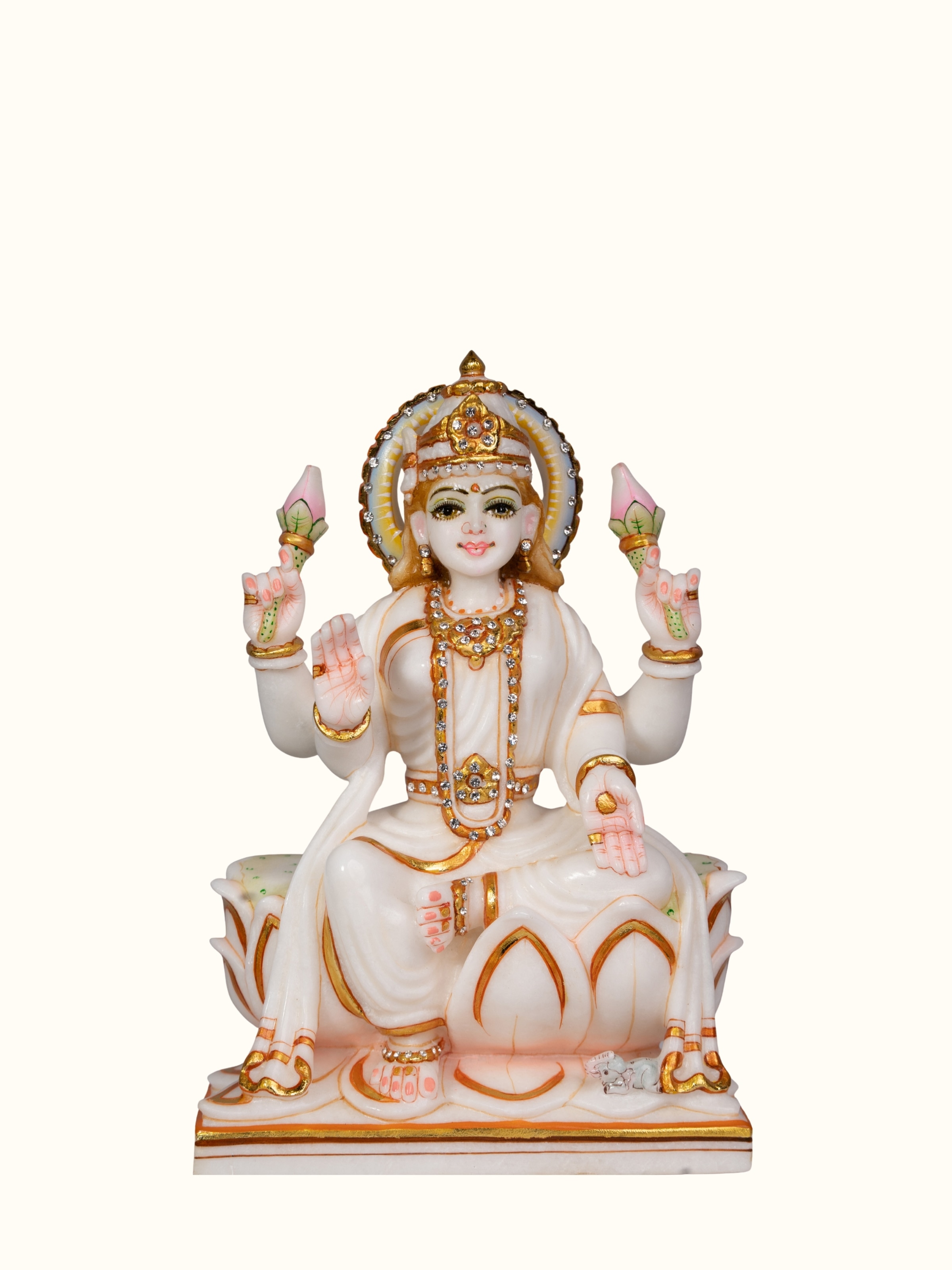 Front view of carved marble Lakshmi idol handcrafted religious statue