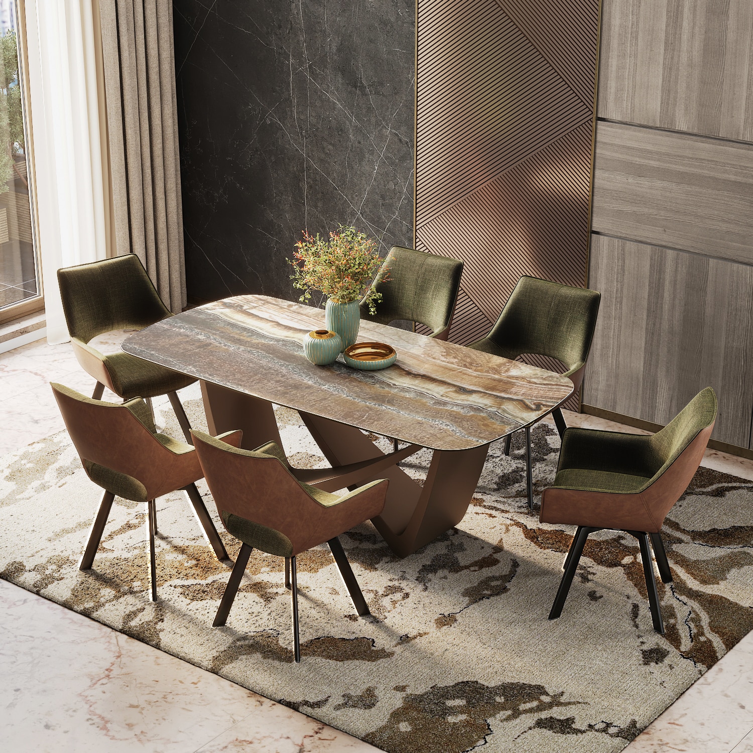 Paloma Casey 6 Seater Dining Set (Jupiter Spanish Ceramic Finish, Olive & Tan Colour)