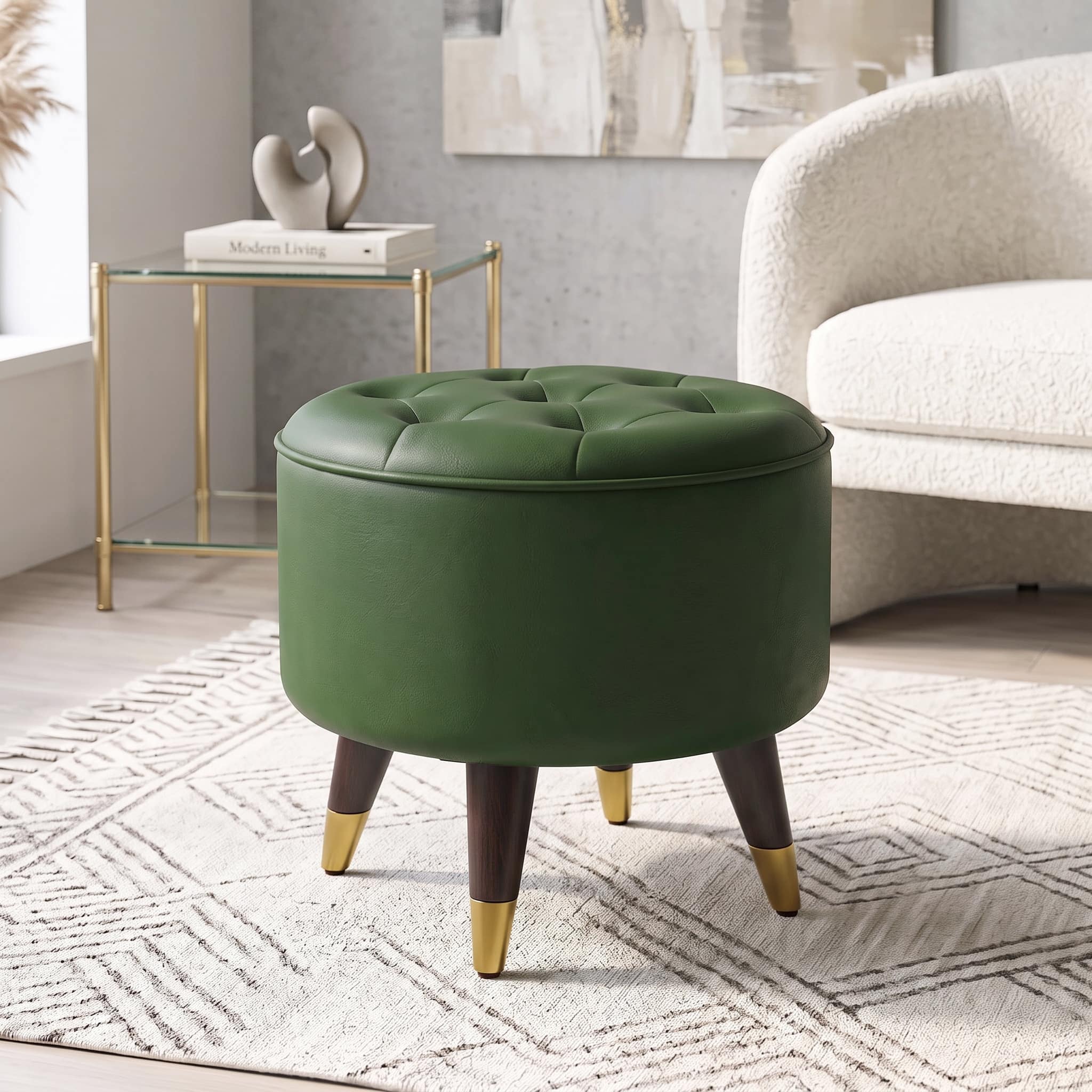 Rene Tuffed Pouffee In Mango Walnut Finish with Olive Leatherette Colour