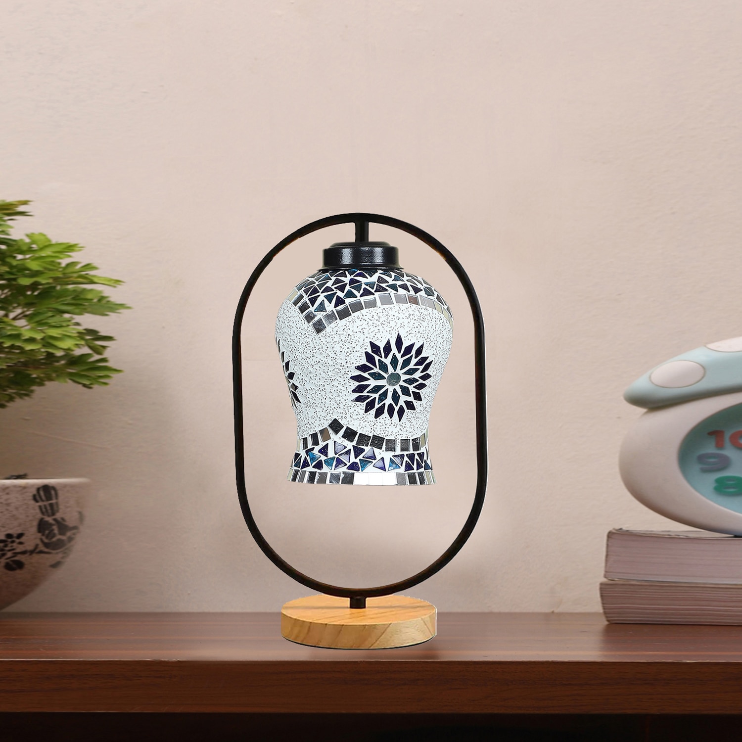 Devansh Multicolor Glass Wooden & Iron  Table Lamp -17 Inch Height  -Jhu