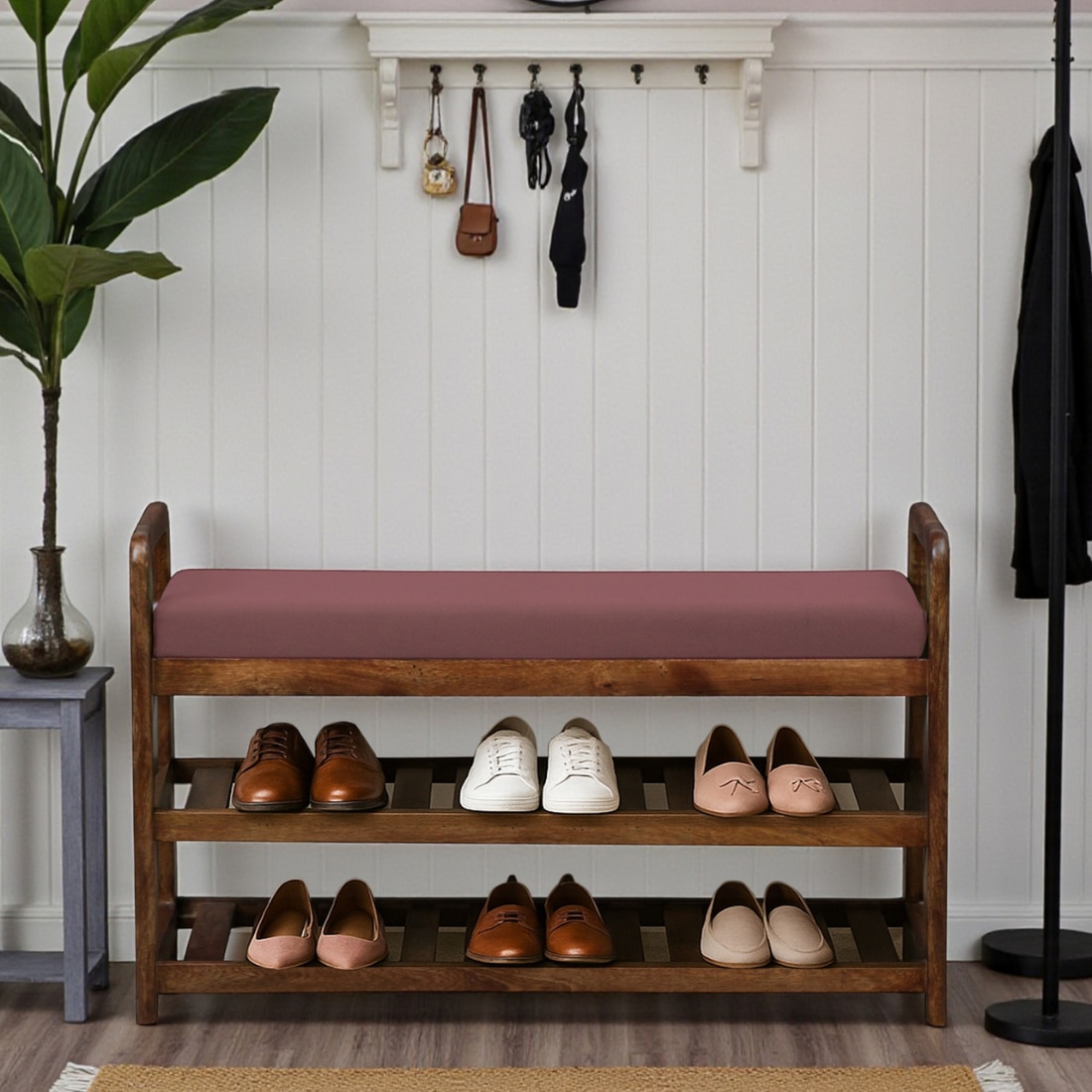 Fjellstad Solid Wood Shoe Rack with Seating in Walnut Brown finish