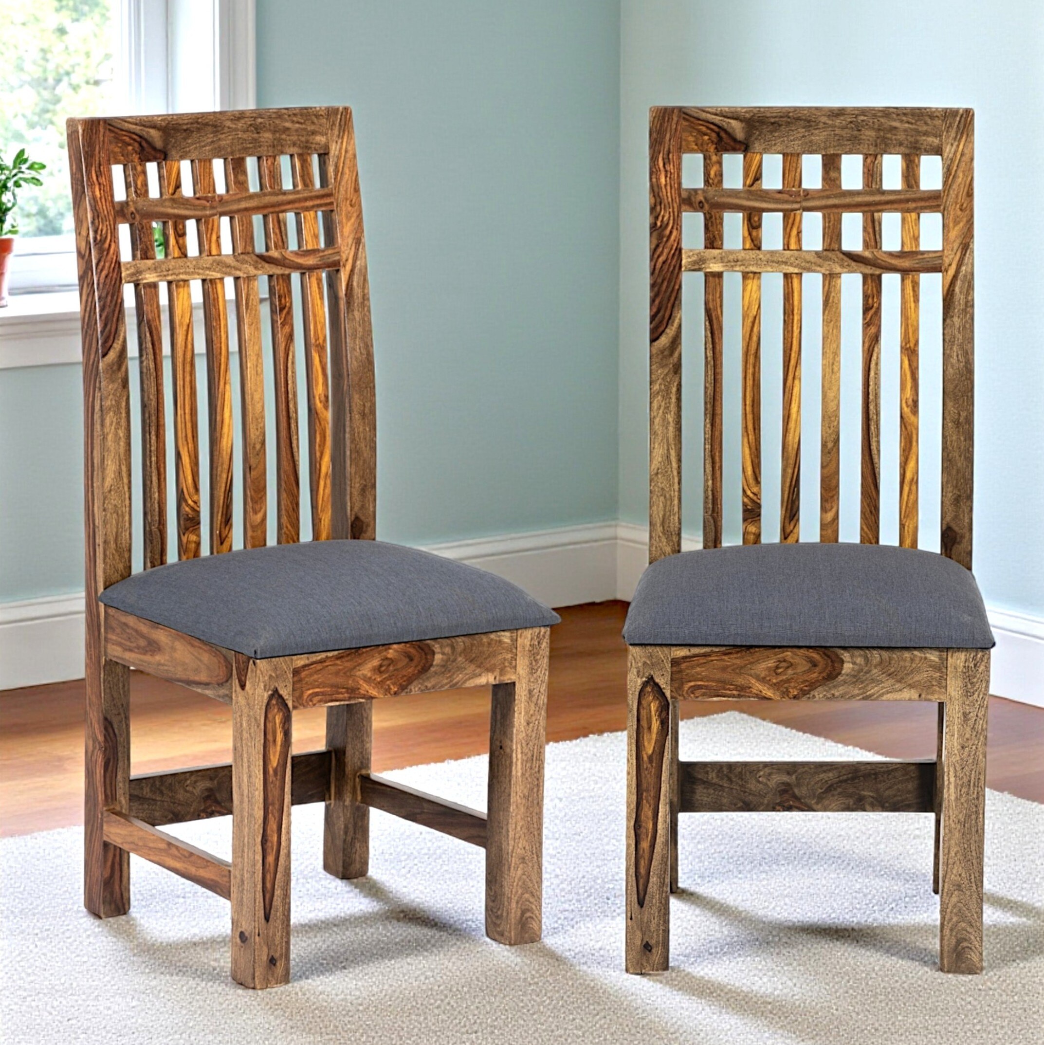 Columbus wood Set of 2 Dining Chairs in Anchor Grey Fabric Cushioning with TEAK FINISH