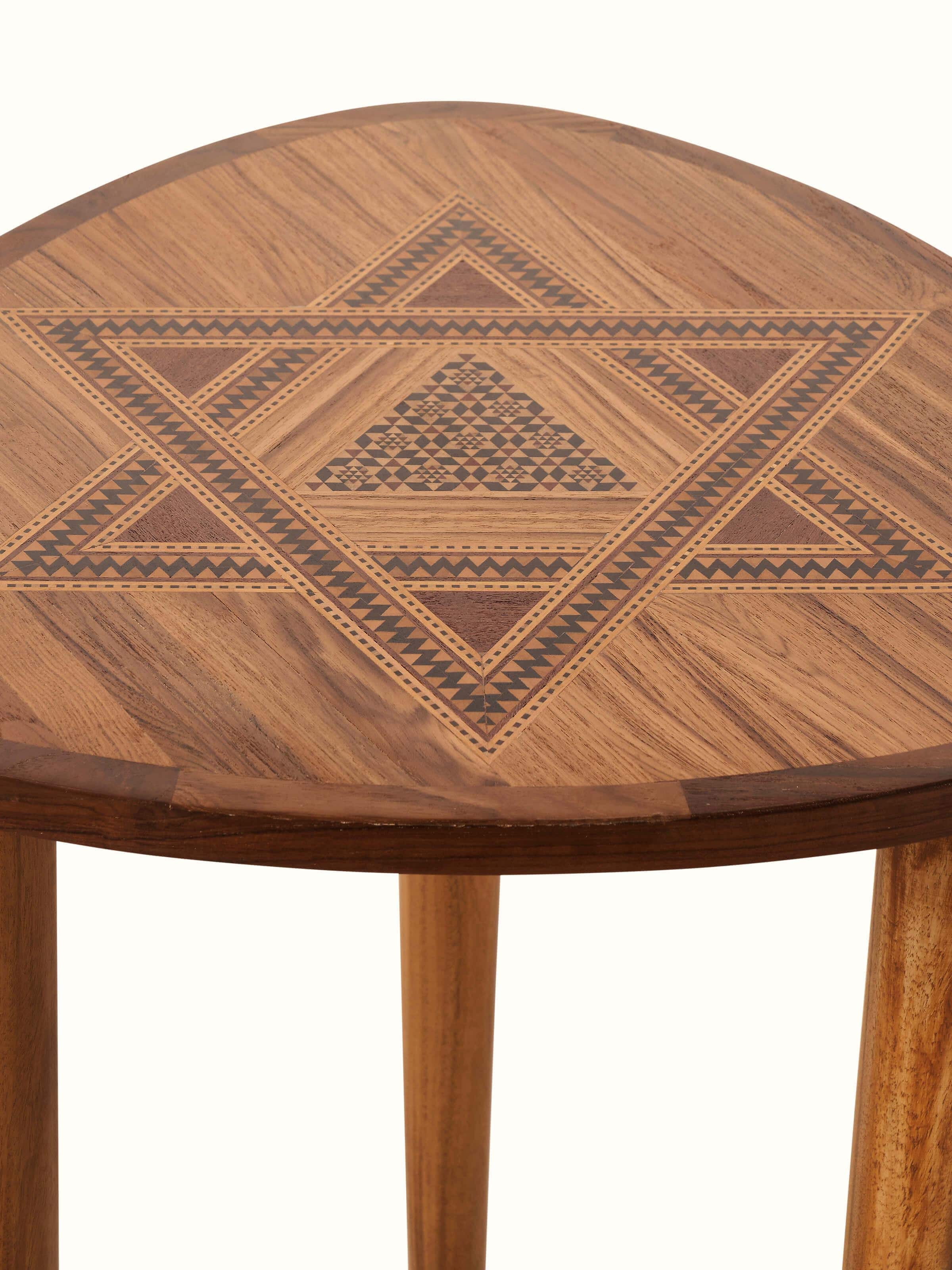 Detailed view of the marquetry design on the teak wood end & side table, highlighting the craftsmanship.