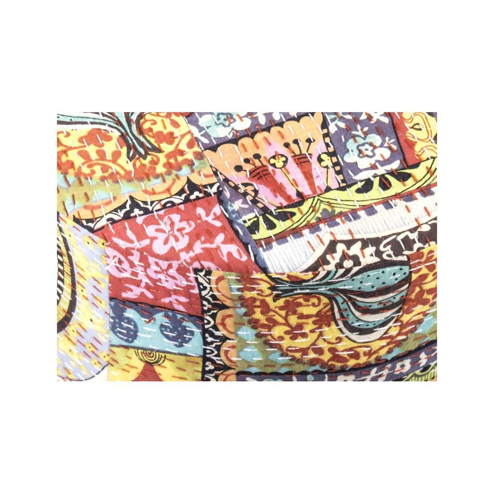 Morgan Solid Wood Pouf Stool in Multicolour Patch Kantha Fabric