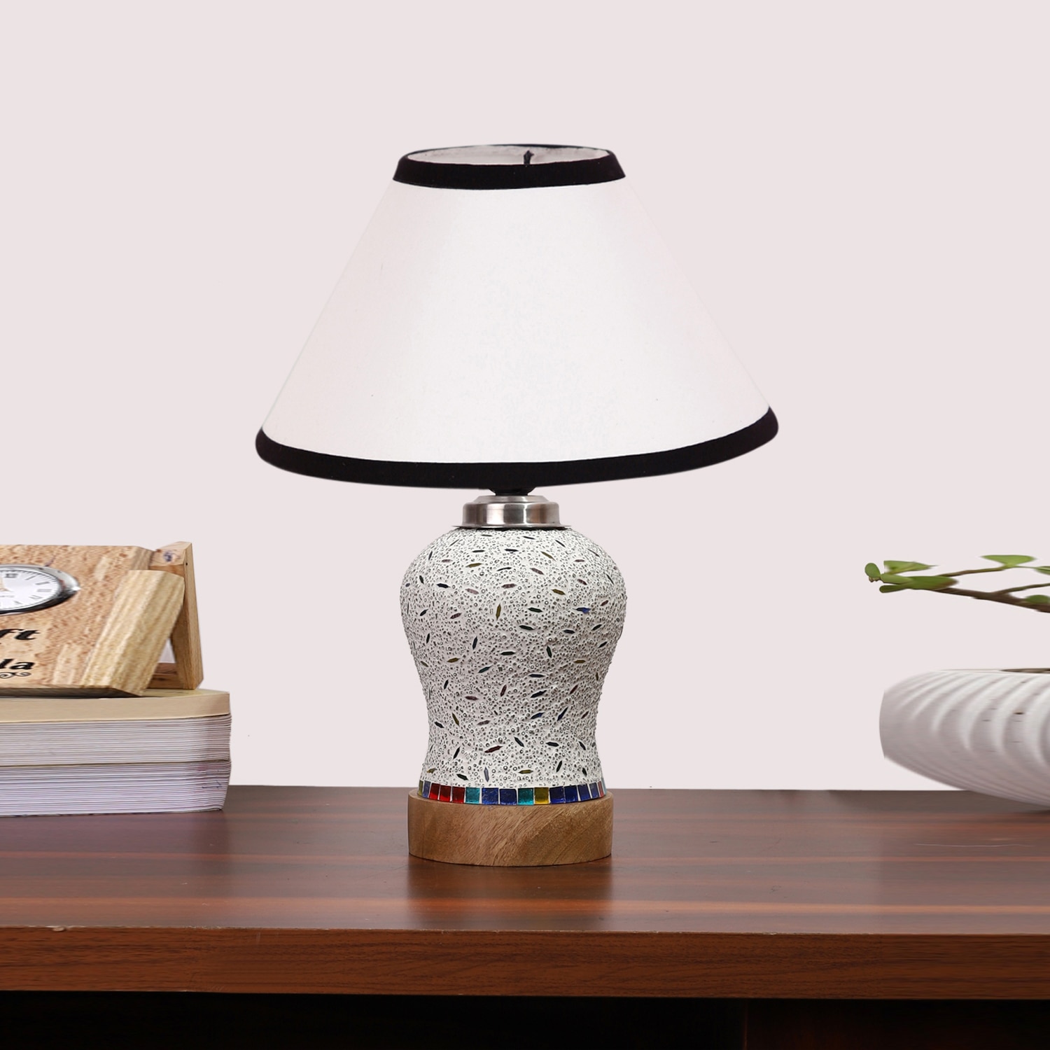 Devansh Conical White & Black  Cotton Shade Lamp With Wood & Mosaic Glass Base For Decoration/Office/Home/Gifting/Study For Decoration/Office/Home/Gifting/Study -(10X10X14.5) Inches -A - Devansh