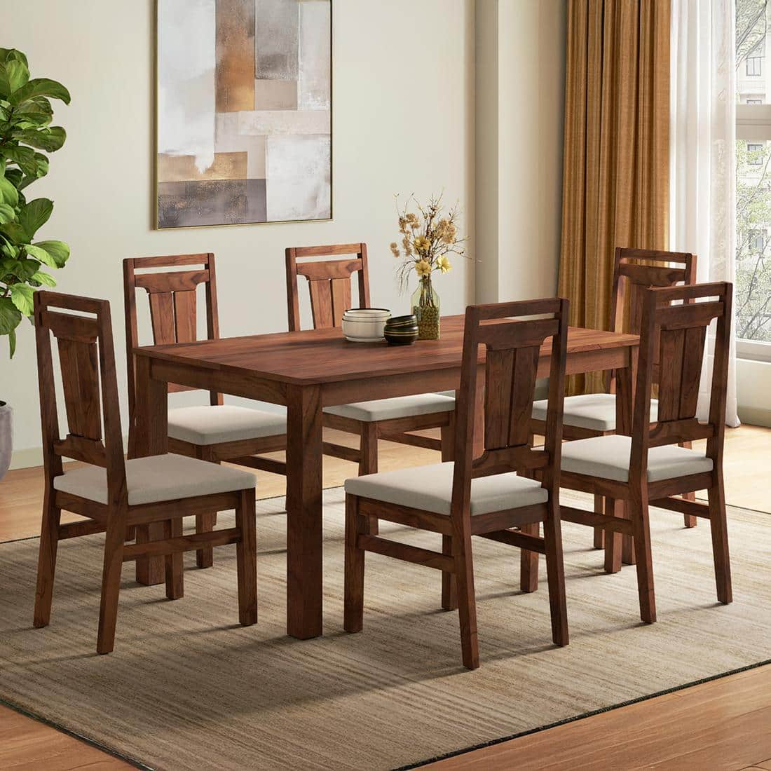Arlo Teak Wood 6 Seater Dining Table Finish - Teak with Tessa Dining Chairs Set