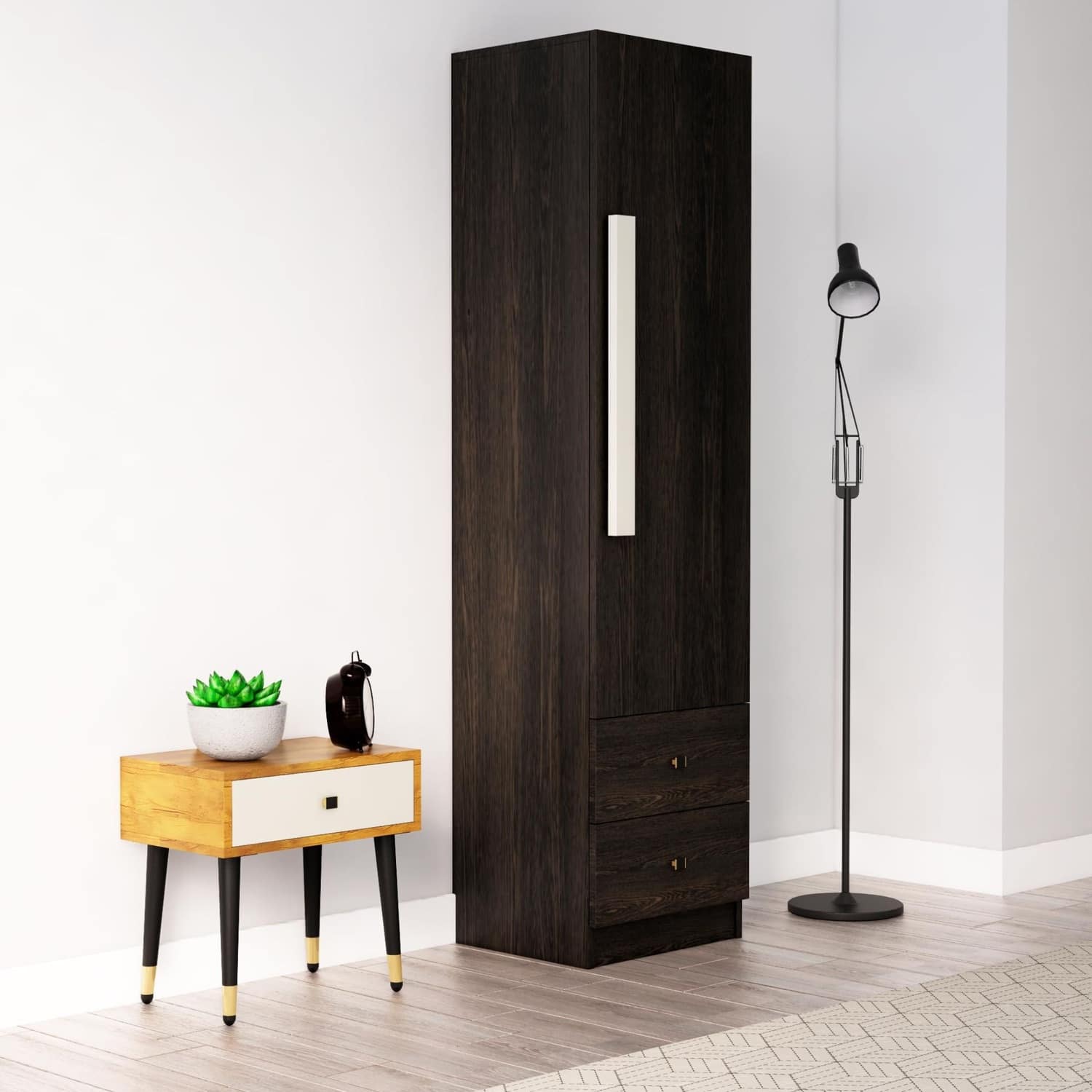 Hexa Red Wooden 1 Door Wardrobe with 2 Drawers and Hanging Space in Flower Wenge Colour - HexaRed