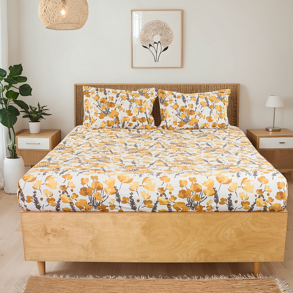 Himalayan Poppies 1 King Bedsheet & 2 Pillow Covers with Yellow colour