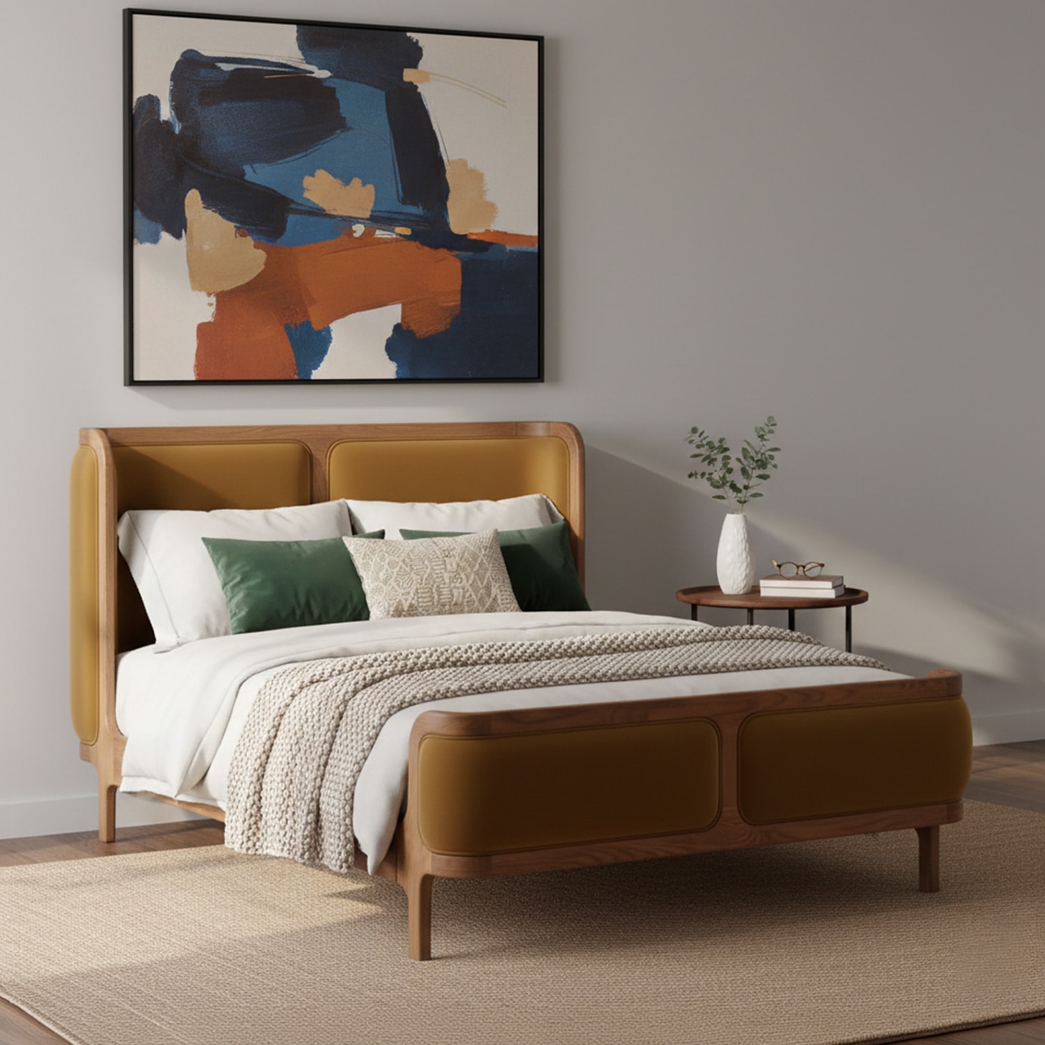 Valerio Duo-Panel Luxe Queen Size Bed in Mustard colour Velvet with Oak wood Frame - Nestroots