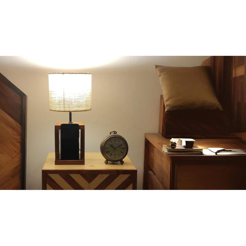 Moby Brown Wooden Table Lamp with Yellow Printed Fabric Lampshade