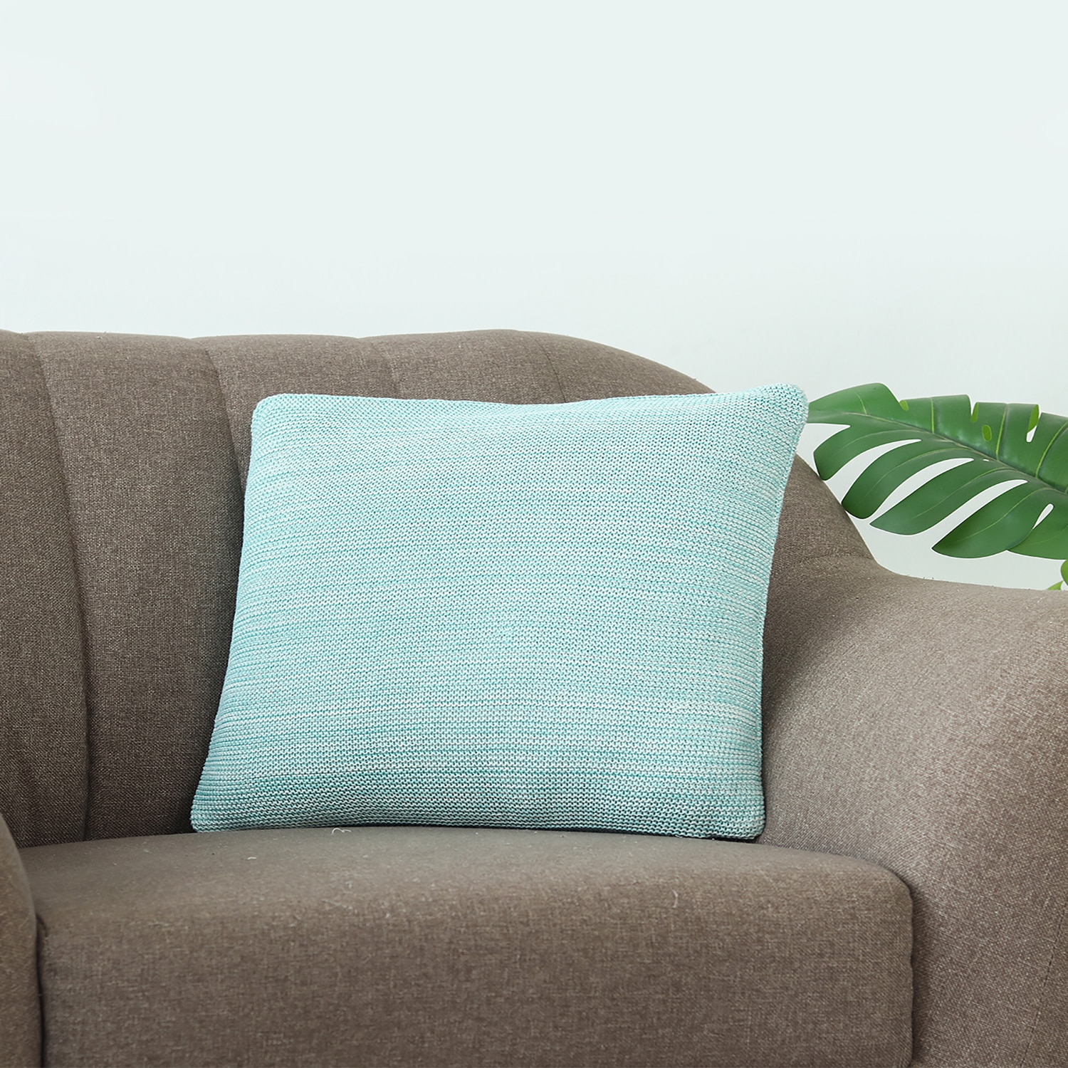Moss Knit Sky Blue  And Natural Cushion Cover  16X16 Inches - Pluchi