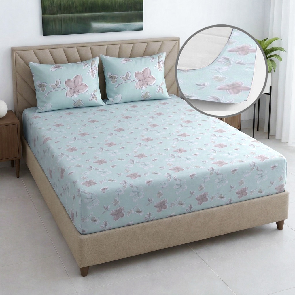 Saanvi Green Shade Floral 400 TC Cotton Fitted Double Queen Size Bedsheet with 2 Pillow Covers – Threads