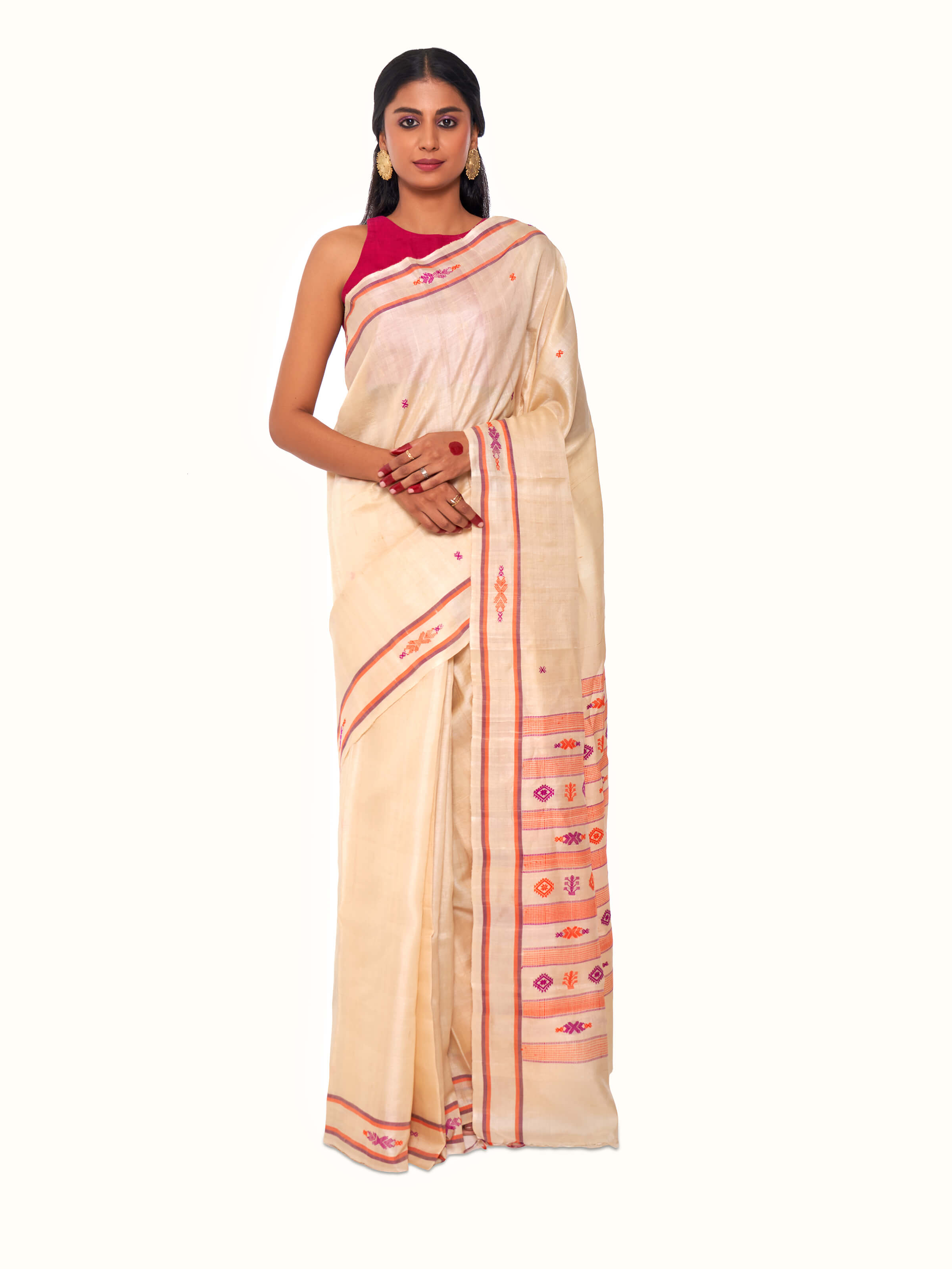 Front view of off-white Tussar silk saree showcasing natural sheen and subtle texture